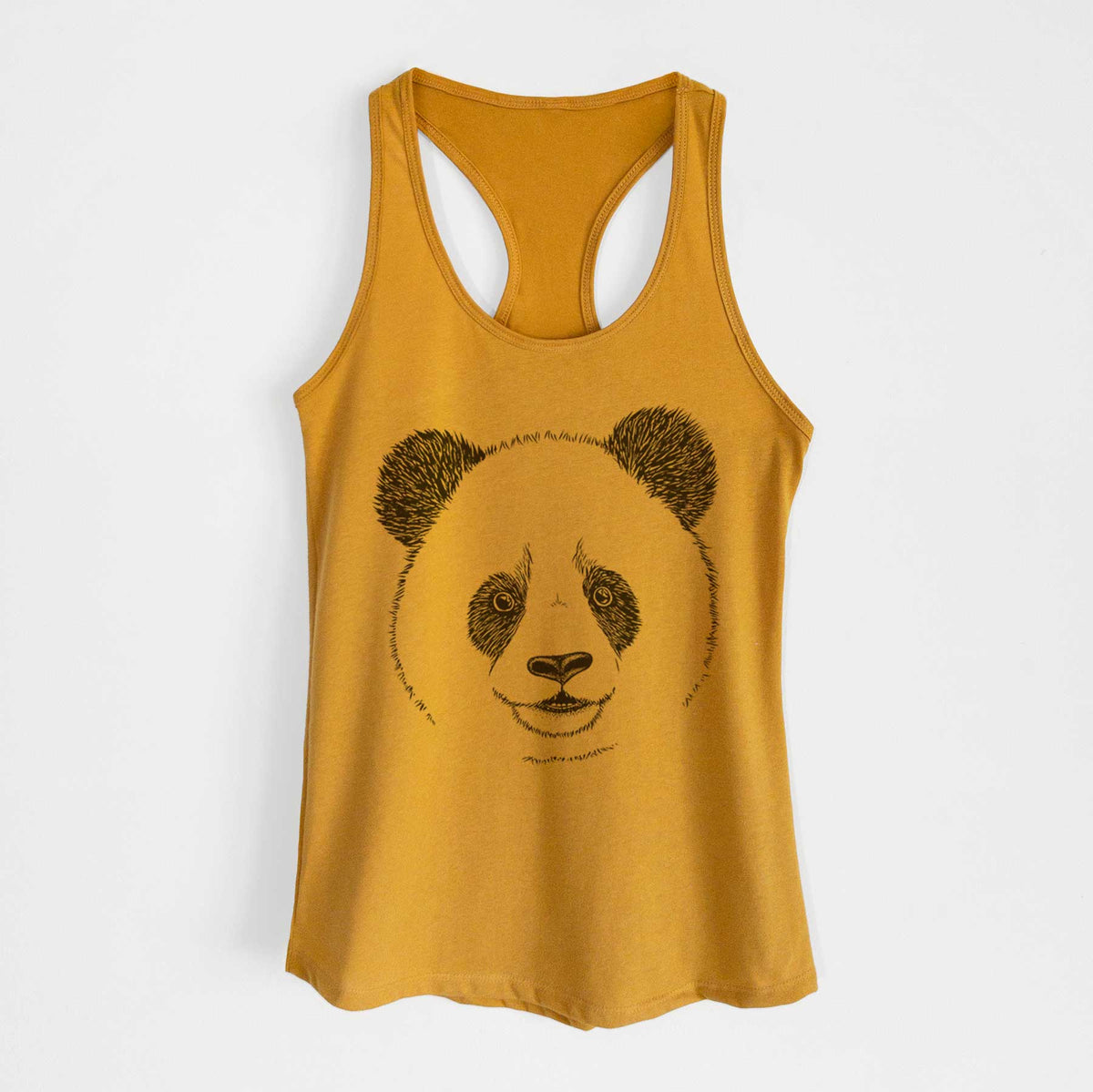 Gold women's racerback tank top laid flat, printed with a black ink portrait of a smiling giant panda's face.