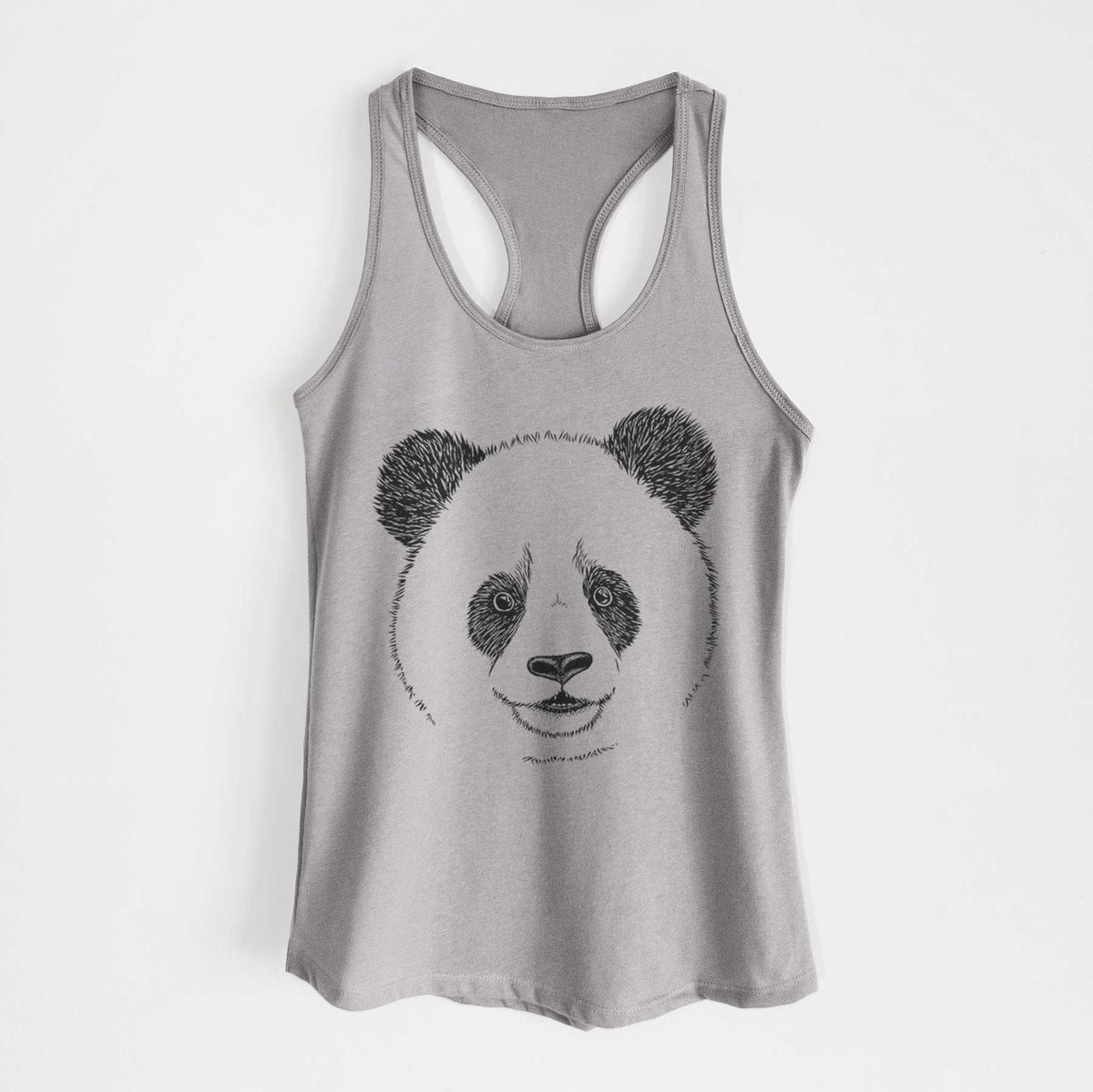 Heather grey women's racerback tank top laid flat, printed with a black ink portrait of a smiling giant panda's face.