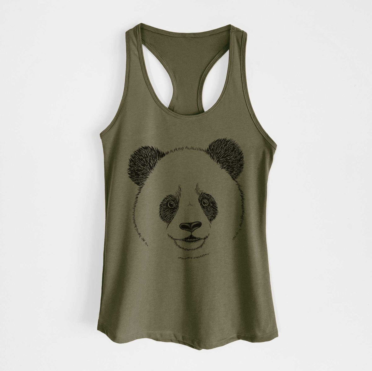 Military green women's racerback tank top laid flat, printed with a black ink portrait of a smiling giant panda's face.