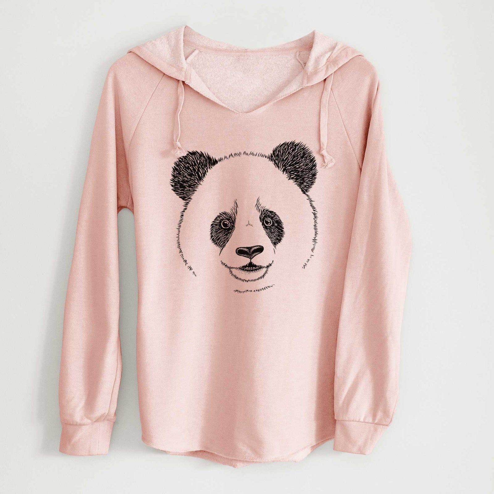 Sage green women's Cali Wave hooded sweatshirt laid flat, printed with a black ink portrait of a smiling giant panda's face.