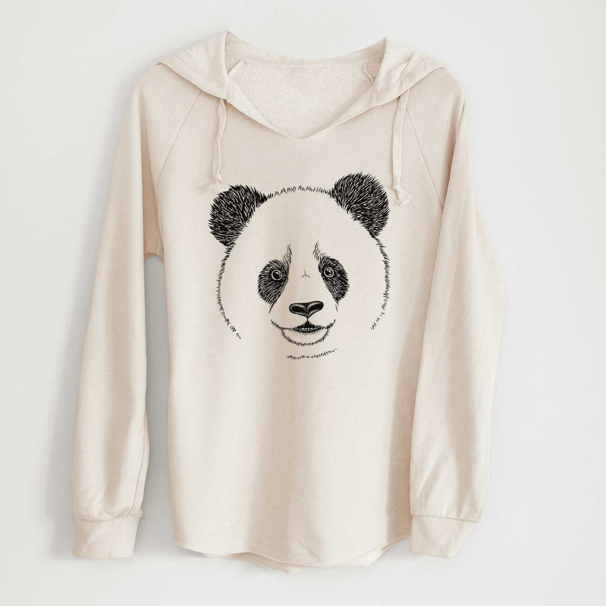 Bone cream women's Cali Wave hooded sweatshirt laid flat, printed with a black ink portrait of a smiling giant panda's face.