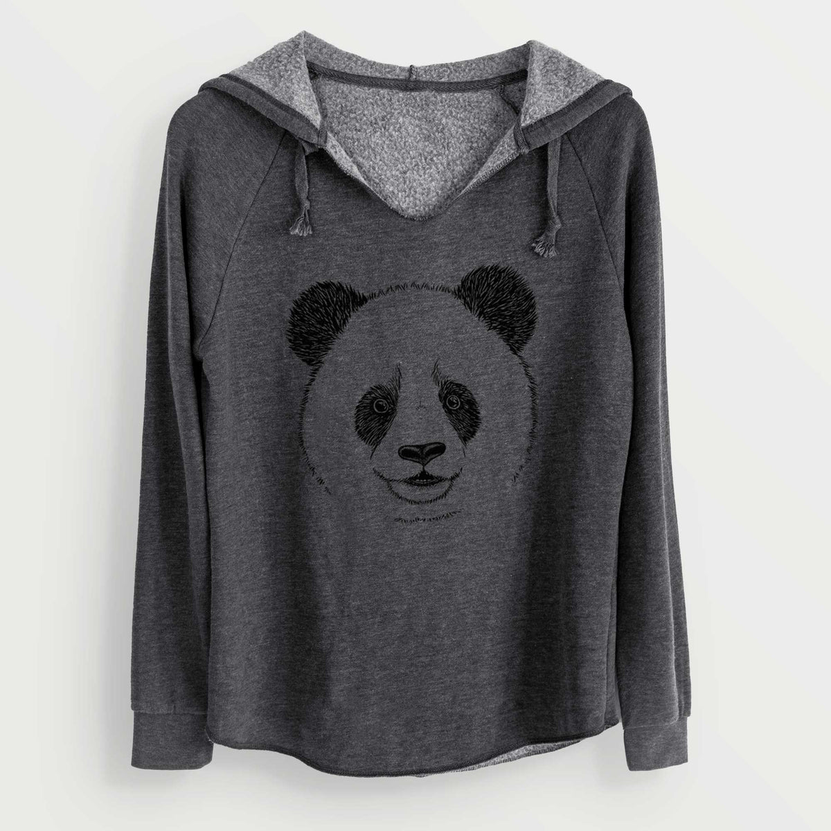 Charcoal grey women's Cali Wave hooded sweatshirt laid flat, printed with a black ink portrait of a smiling giant panda's face.
