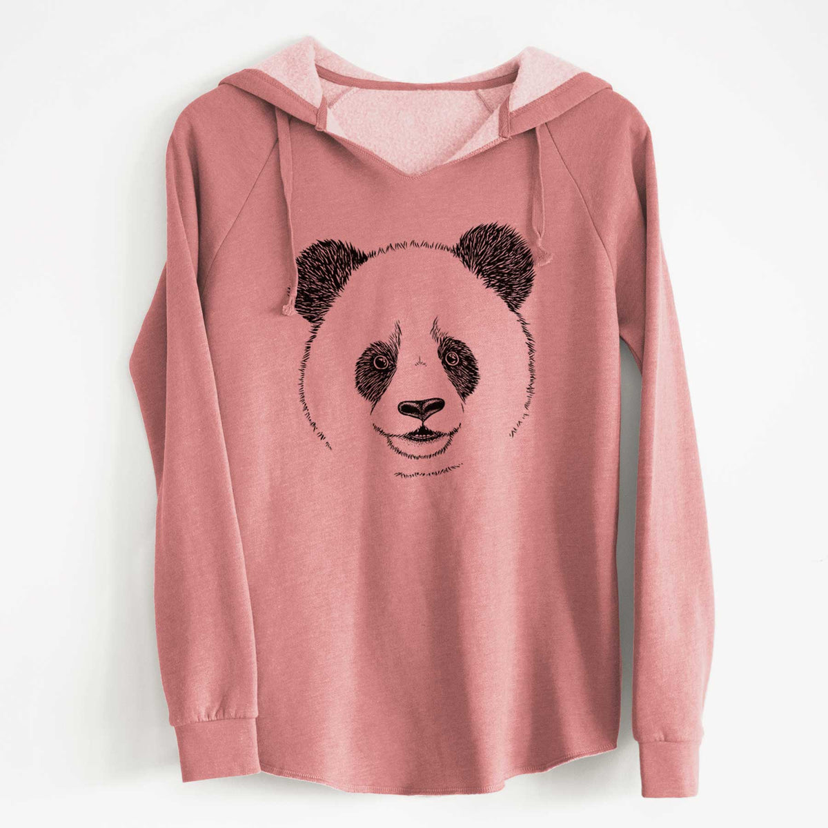 Dusty rose women's Cali Wave hooded sweatshirt laid flat, printed with a black ink portrait of a smiling giant panda's face.