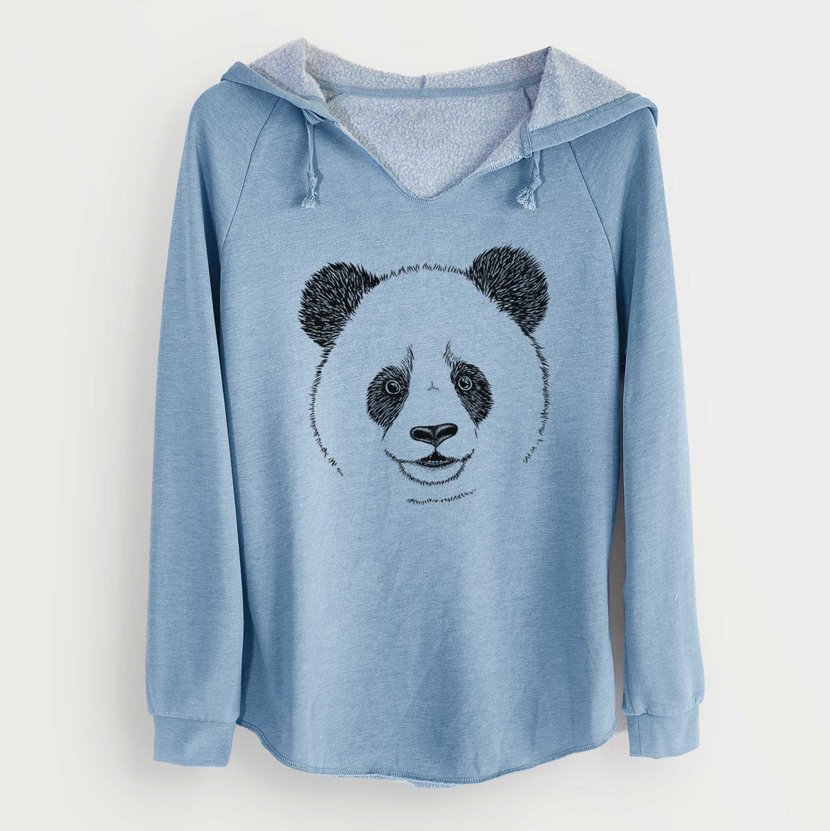 Misty blue women's Cali Wave hooded sweatshirt laid flat, printed with a black ink portrait of a smiling giant panda's face.
