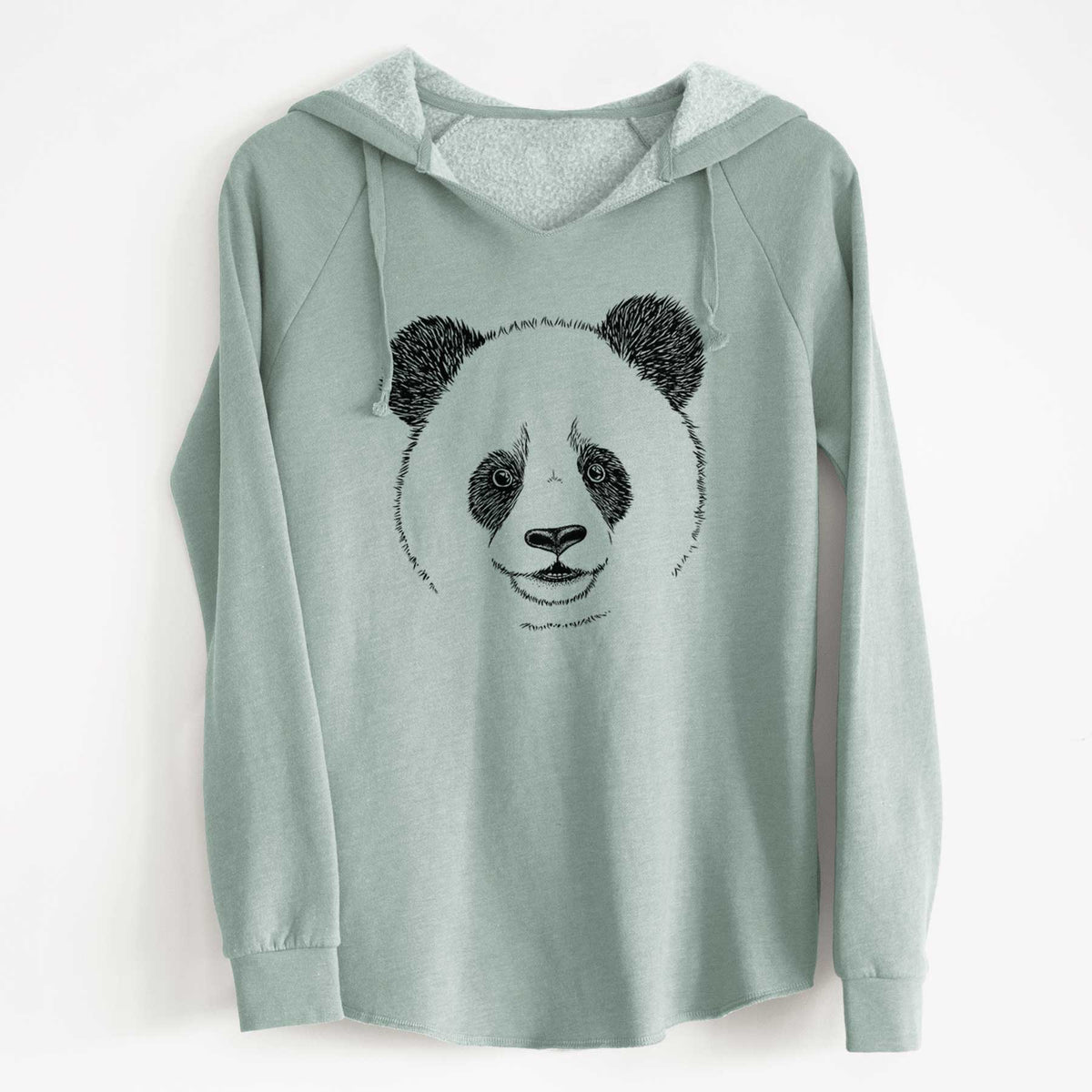 Sage green women's Cali Wave hooded sweatshirt laid flat, printed with a black ink portrait of a smiling giant panda's face.