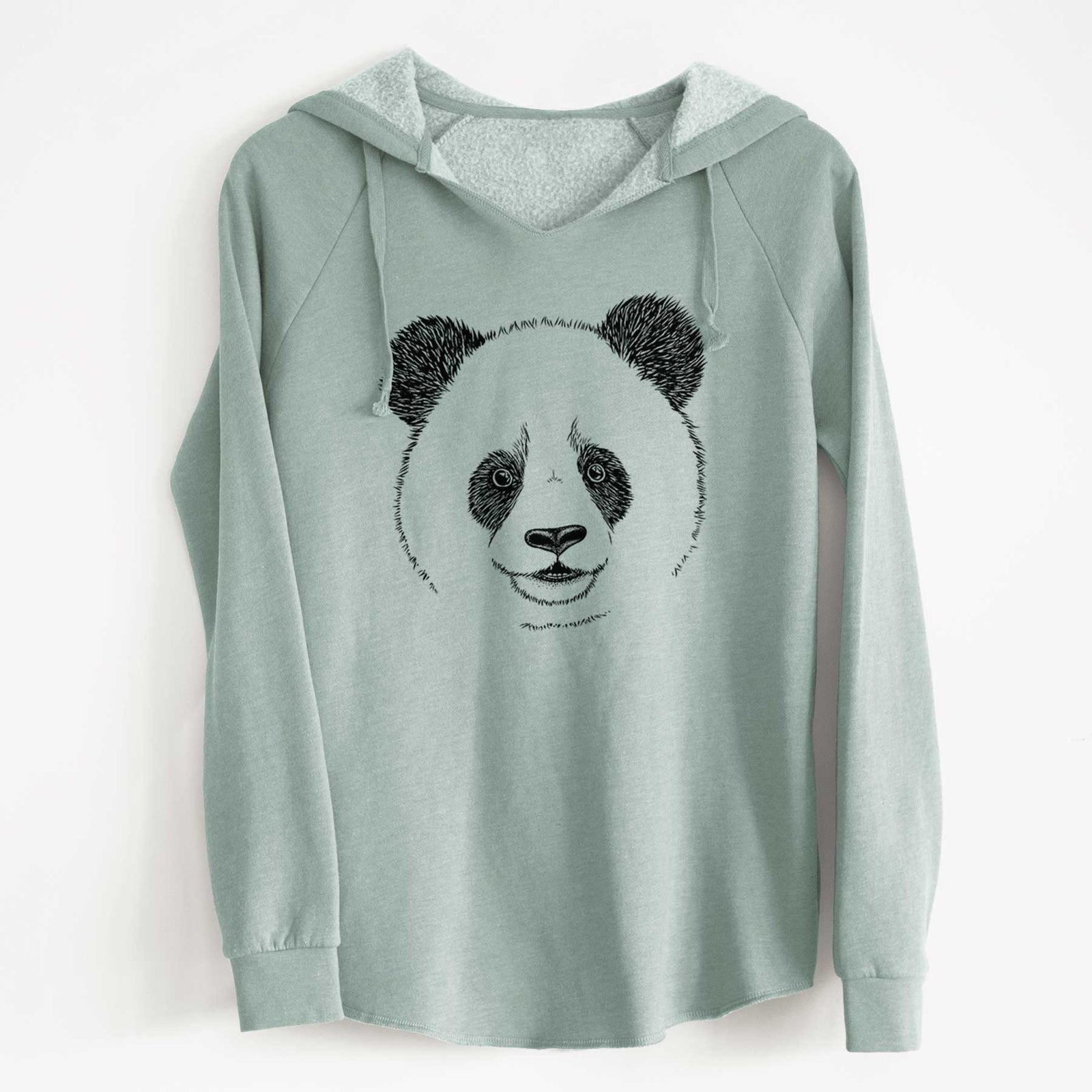 Sage green women's Cali Wave hooded sweatshirt laid flat, printed with a black ink portrait of a smiling giant panda's face.