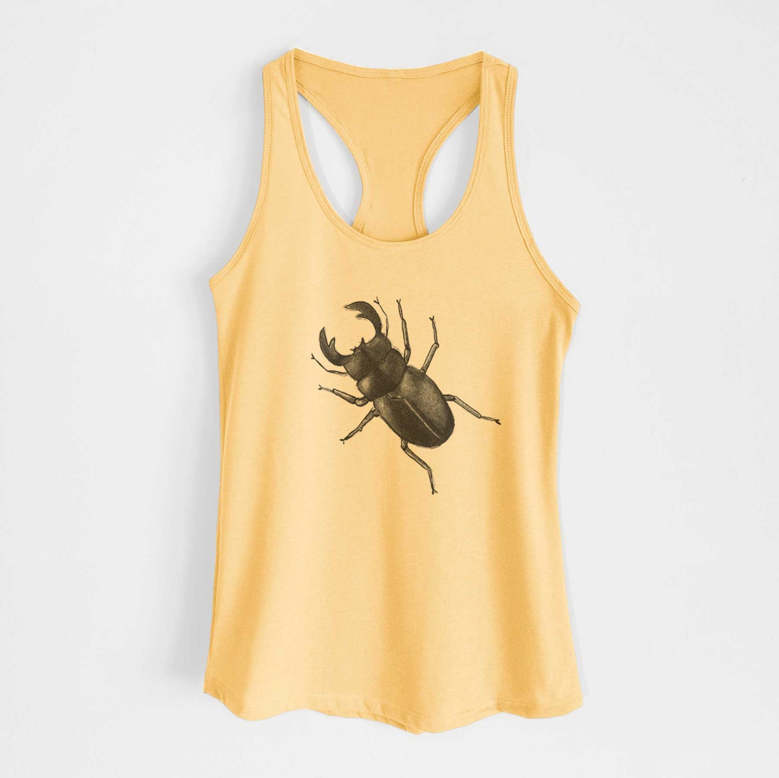 Banana cream women's racerback tank top laid flat, printed with a detailed black ink illustration of a giant stag beetle with large jaws, seen from above.