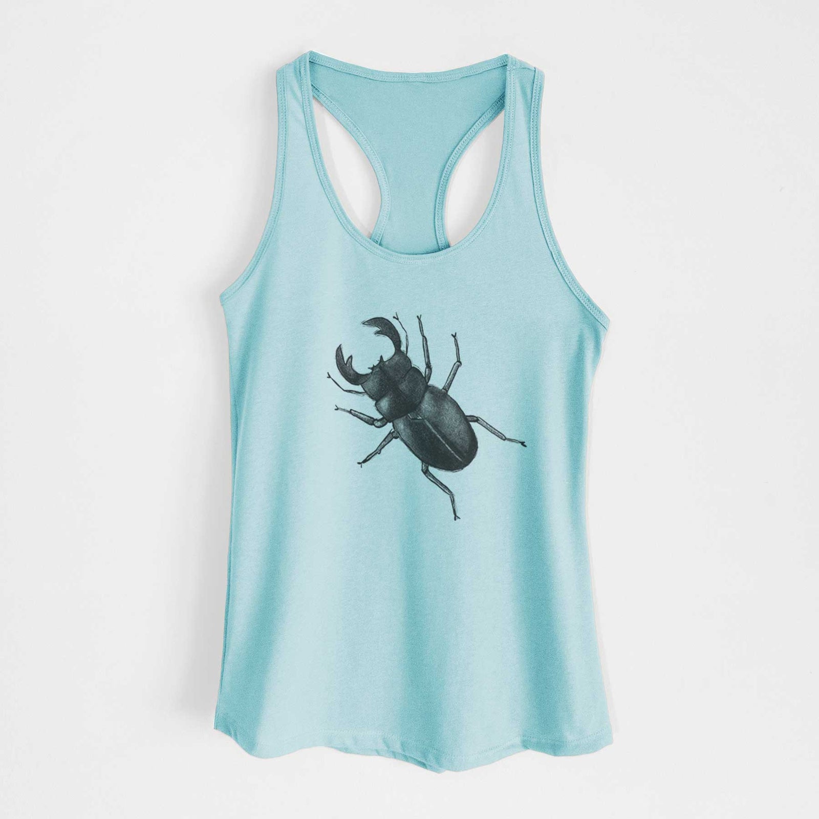 Banana cream women's racerback tank top laid flat, printed with a detailed black ink illustration of a giant stag beetle with large jaws, seen from above.