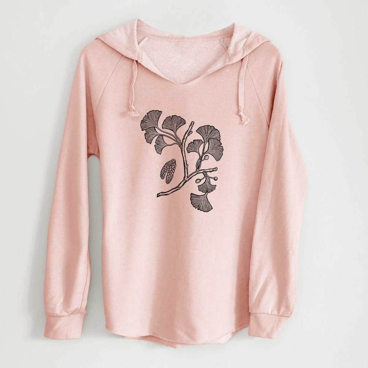Blush pink women's Cali Wave hooded sweatshirt laid flat, printed with a black ink illustration of a ginkgo branch with fan-shaped leaves.