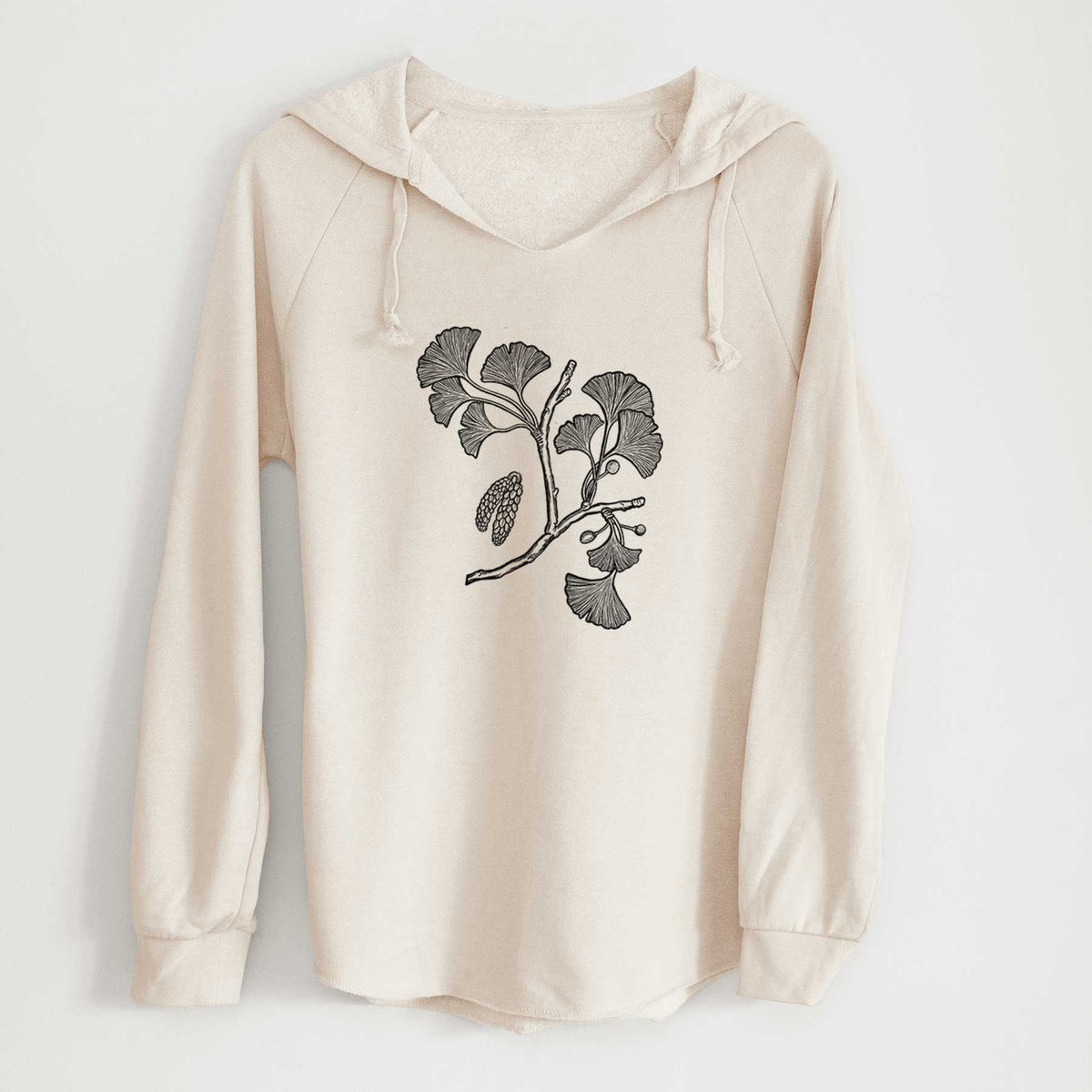 Bone cream women's Cali Wave hooded sweatshirt laid flat, printed with a black ink illustration of a ginkgo branch with fan-shaped leaves.