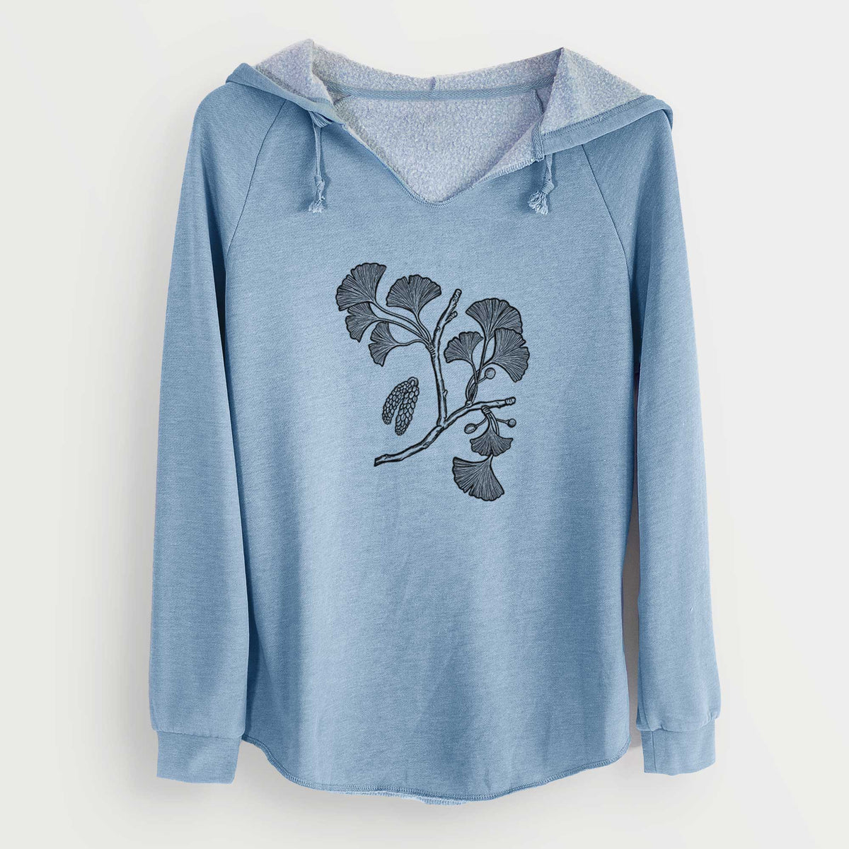 Misty blue women's Cali Wave hooded sweatshirt laid flat, printed with a black ink illustration of a ginkgo branch with fan-shaped leaves.