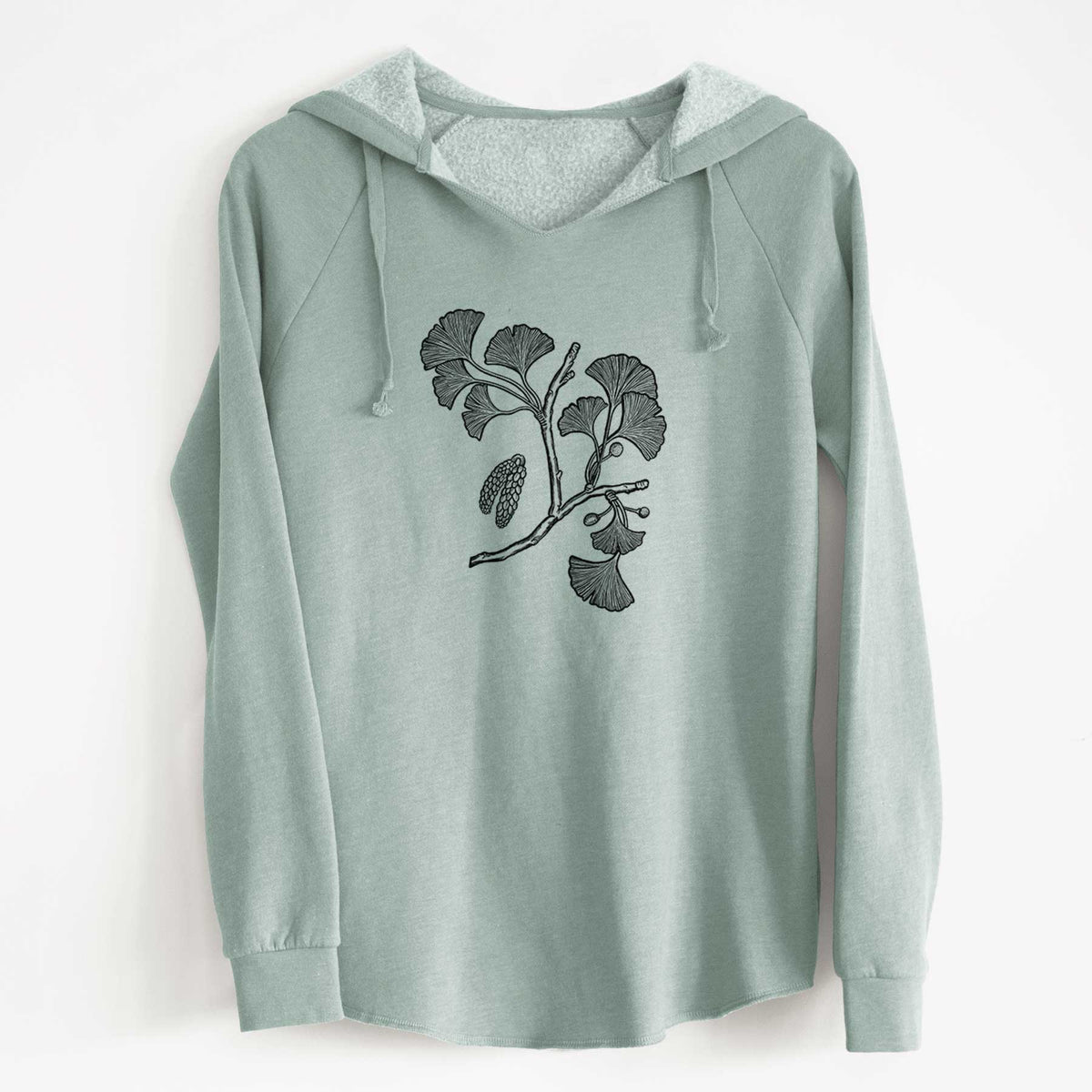 Sage green women's Cali Wave hooded sweatshirt laid flat, printed with a black ink illustration of a ginkgo branch with fan-shaped leaves.