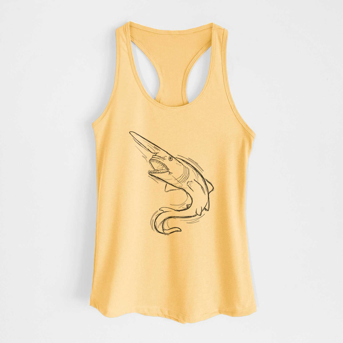 Banana cream women's racerback tank top laid flat, printed with a black ink illustration of a goblin shark with its long snout, swimming in a curve.