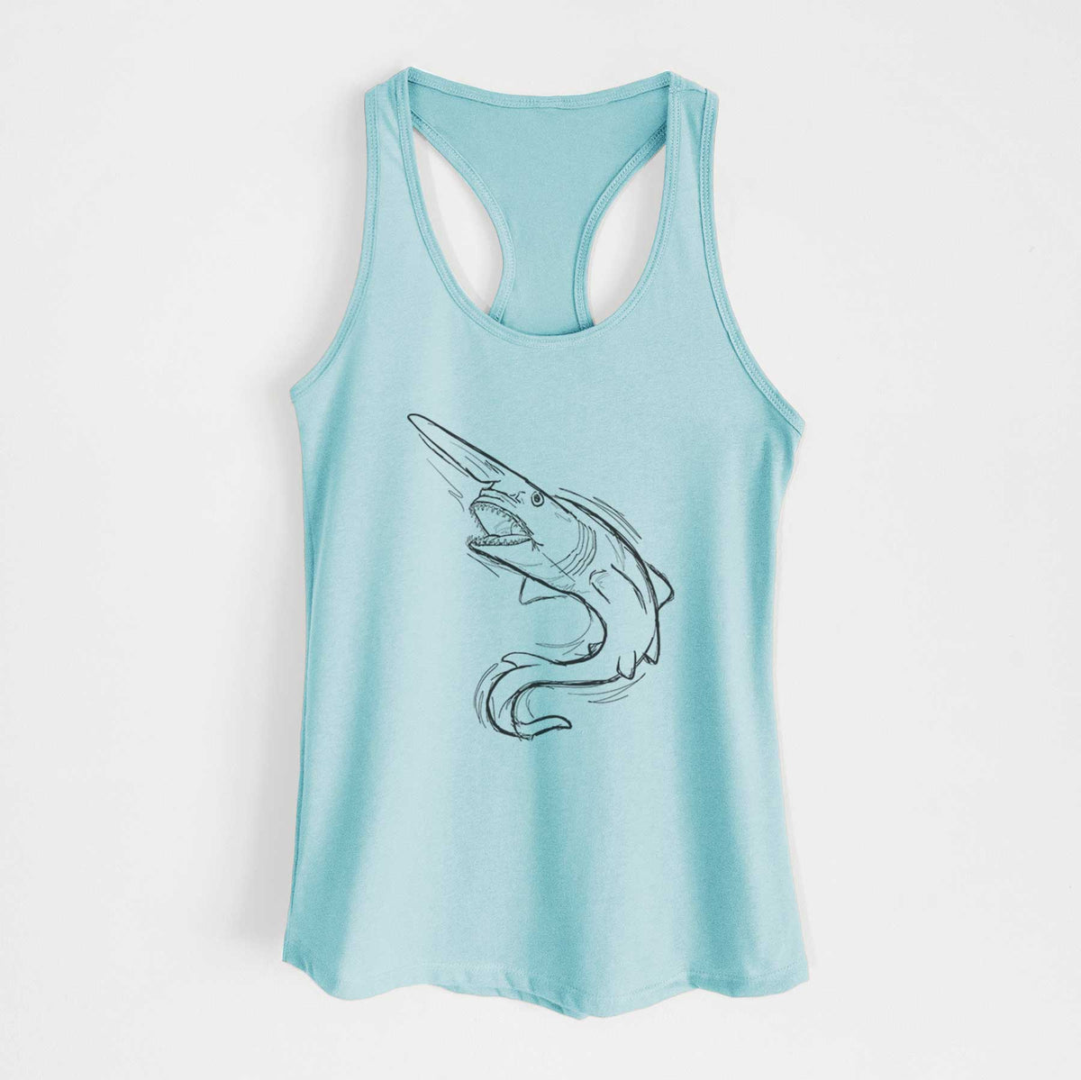 Cancun blue women's racerback tank top laid flat, printed with a black ink illustration of a goblin shark with its long snout, swimming in a curve.