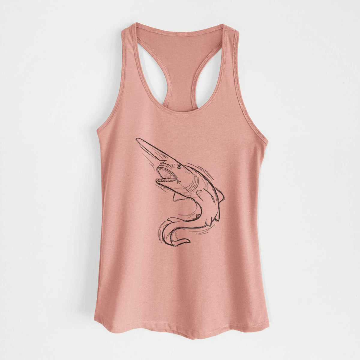 Desert pink women's racerback tank top laid flat, printed with a black ink illustration of a goblin shark with its long snout, swimming in a curve.