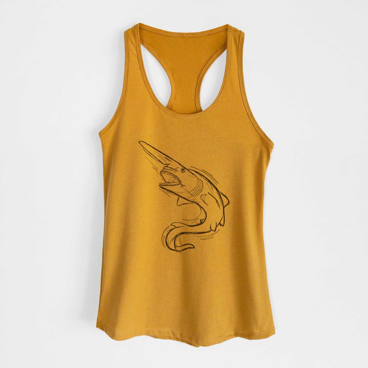 Gold women's racerback tank top laid flat, printed with a black ink illustration of a goblin shark with its long snout, swimming in a curve.