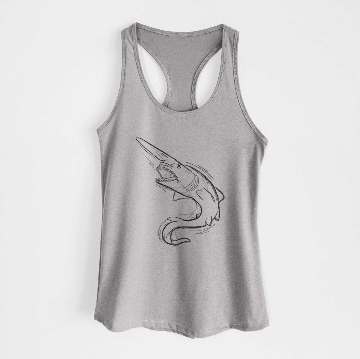 Heather grey women's racerback tank top laid flat, printed with a black ink illustration of a goblin shark with its long snout, swimming in a curve.