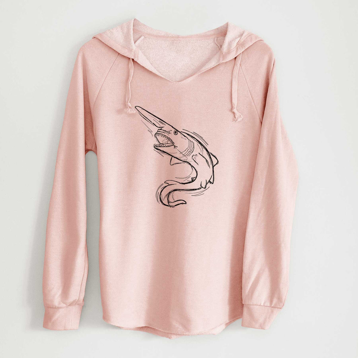 Blush pink women's Cali Wave hooded sweatshirt laid flat, printed with a black ink illustration of a goblin shark with its long snout, swimming in a curve.