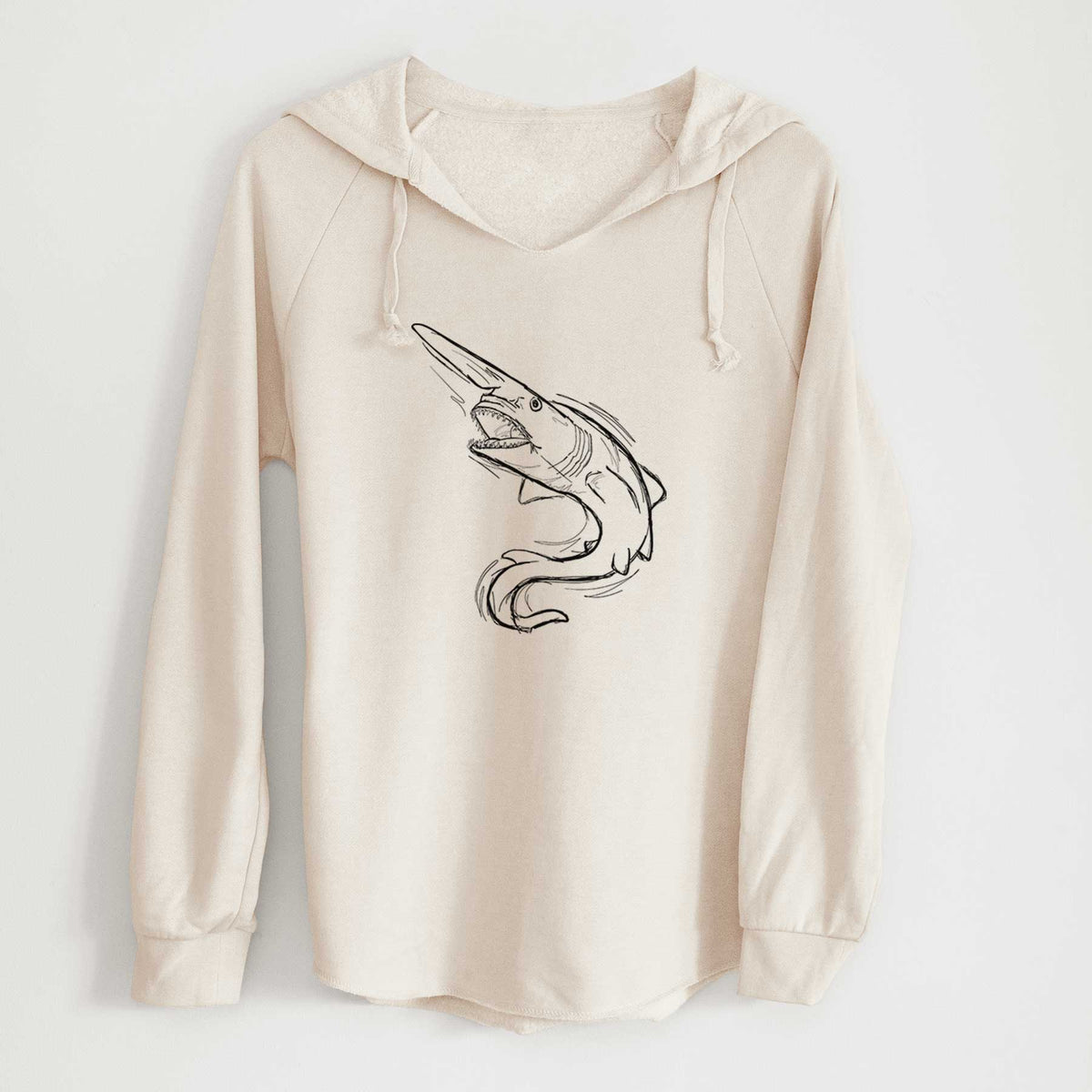 Bone cream women's Cali Wave hooded sweatshirt laid flat, printed with a black ink illustration of a goblin shark with its long snout, swimming in a curve.