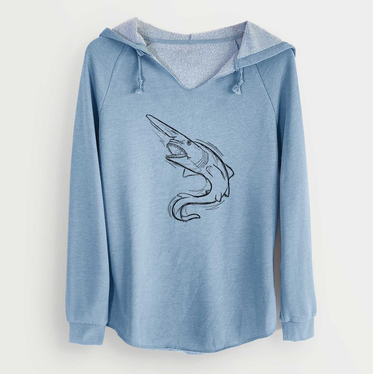 Misty blue women's Cali Wave hooded sweatshirt laid flat, printed with a black ink illustration of a goblin shark with its long snout, swimming in a curve.