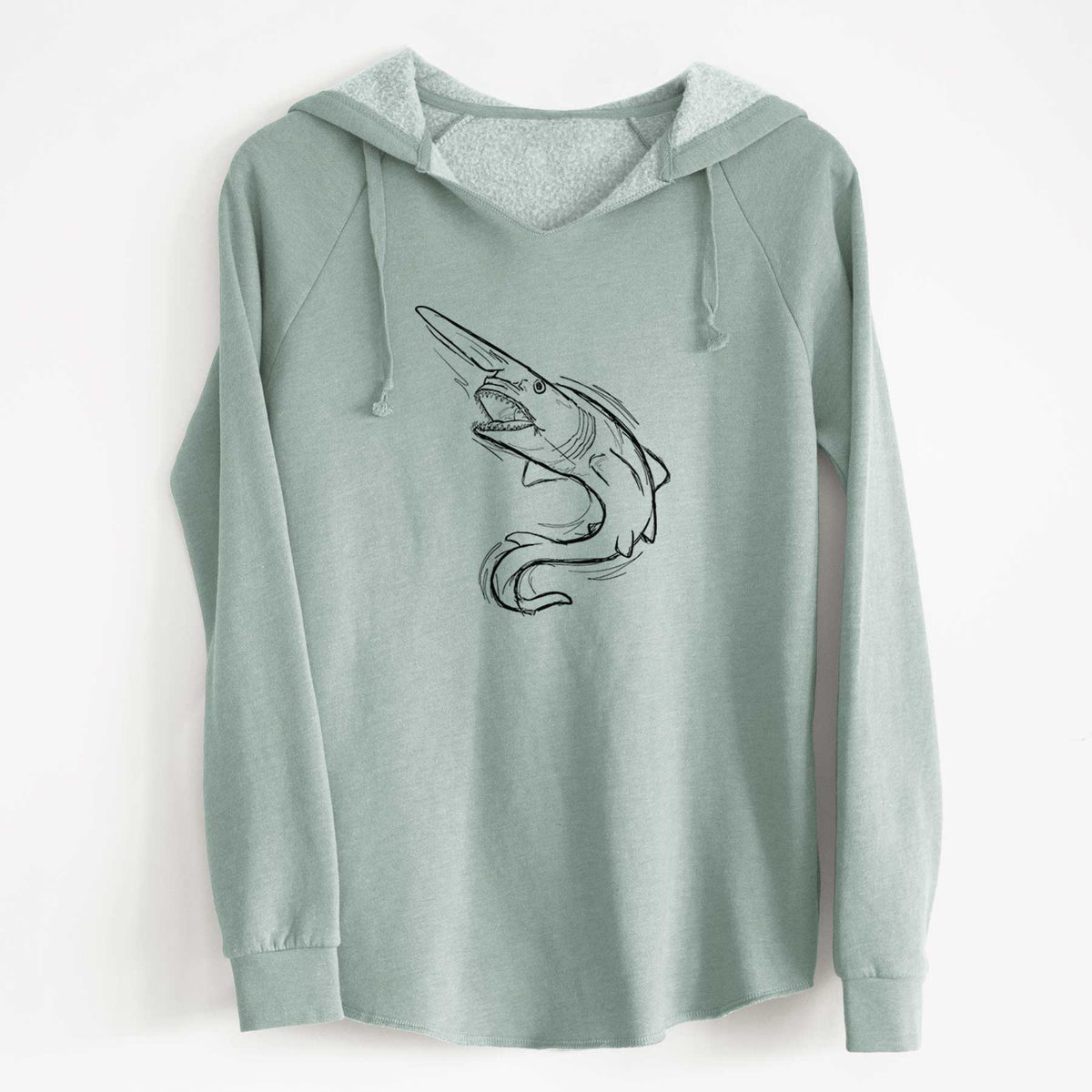Sage green women's Cali Wave hooded sweatshirt laid flat, printed with a black ink illustration of a goblin shark with its long snout, swimming in a curve.