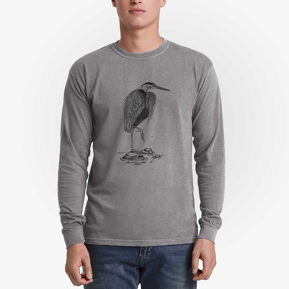 Ardea herodias - Great Blue Heron - Heavyweight 100% Cotton Long Sleeve