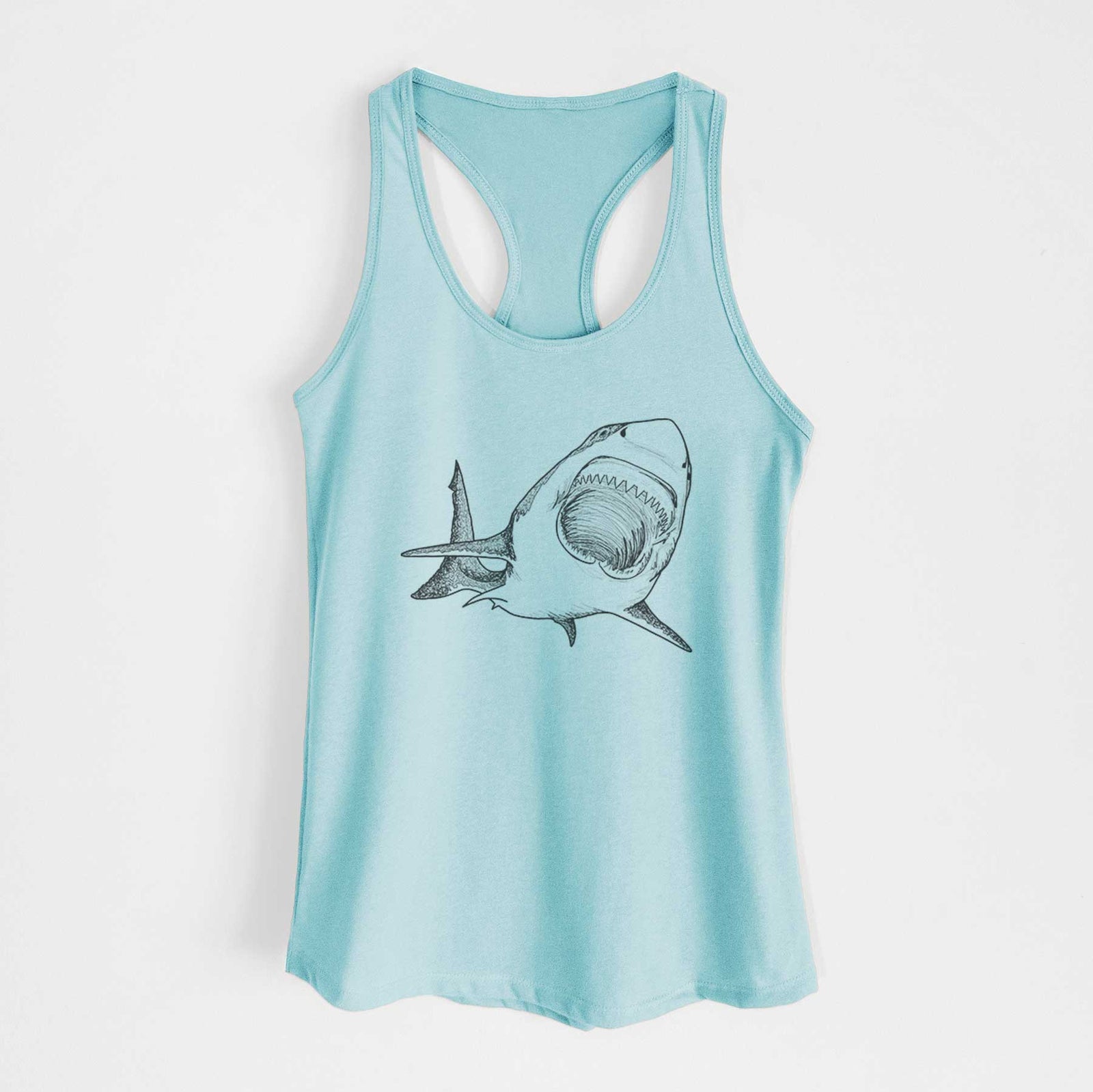 Banana cream women's racerback tank top laid flat, printed with a black ink illustration of a great white shark swimming toward the viewer with its mouth open.
