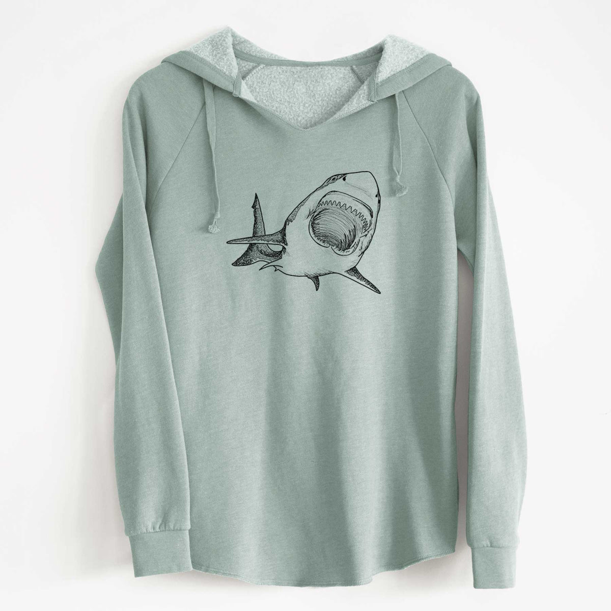 Sage green women's Cali Wave hooded sweatshirt laid flat, printed with a black ink illustration of a great white shark swimming toward the viewer with its mouth open.