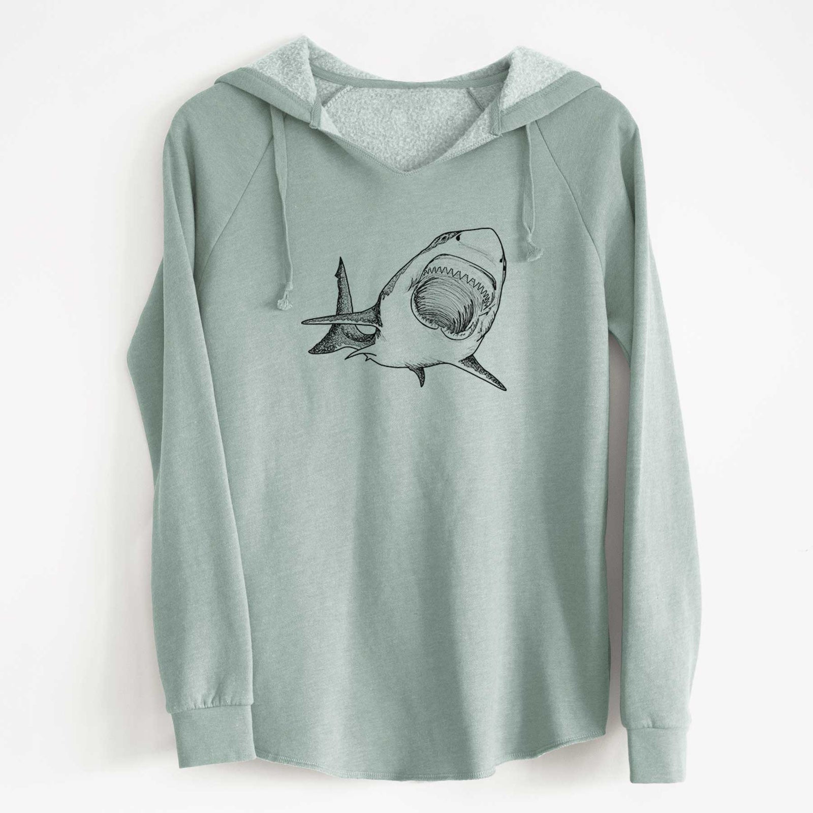 Sage green women's Cali Wave hooded sweatshirt laid flat, printed with a black ink illustration of a great white shark swimming toward the viewer with its mouth open.