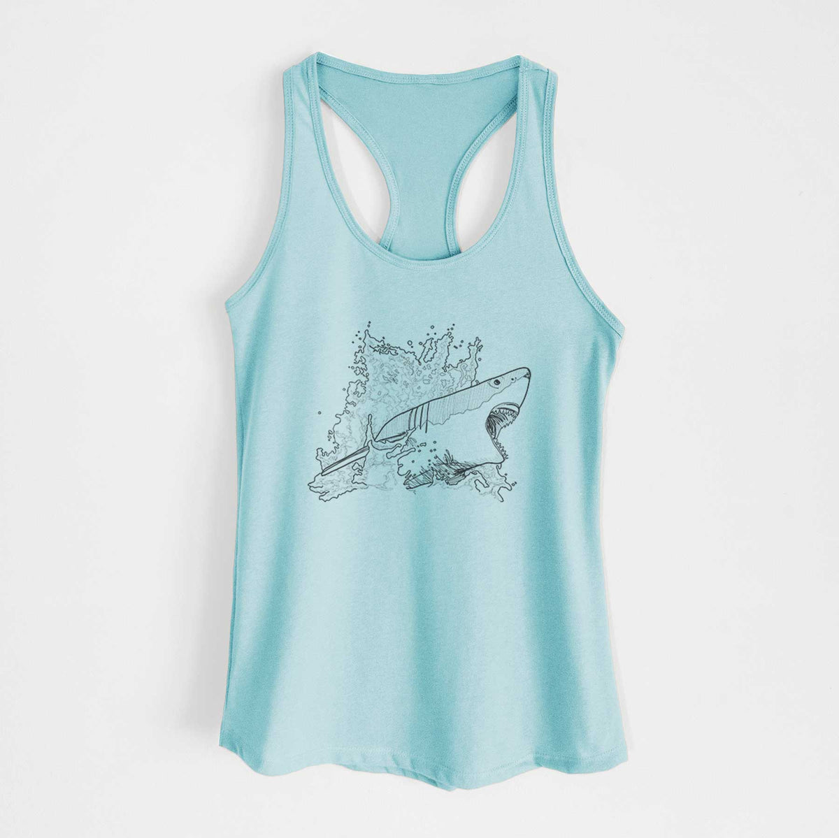 Cancun blue women's racerback tank top laid flat, printed with a black ink illustration of a great white shark breaking through a splash of water.