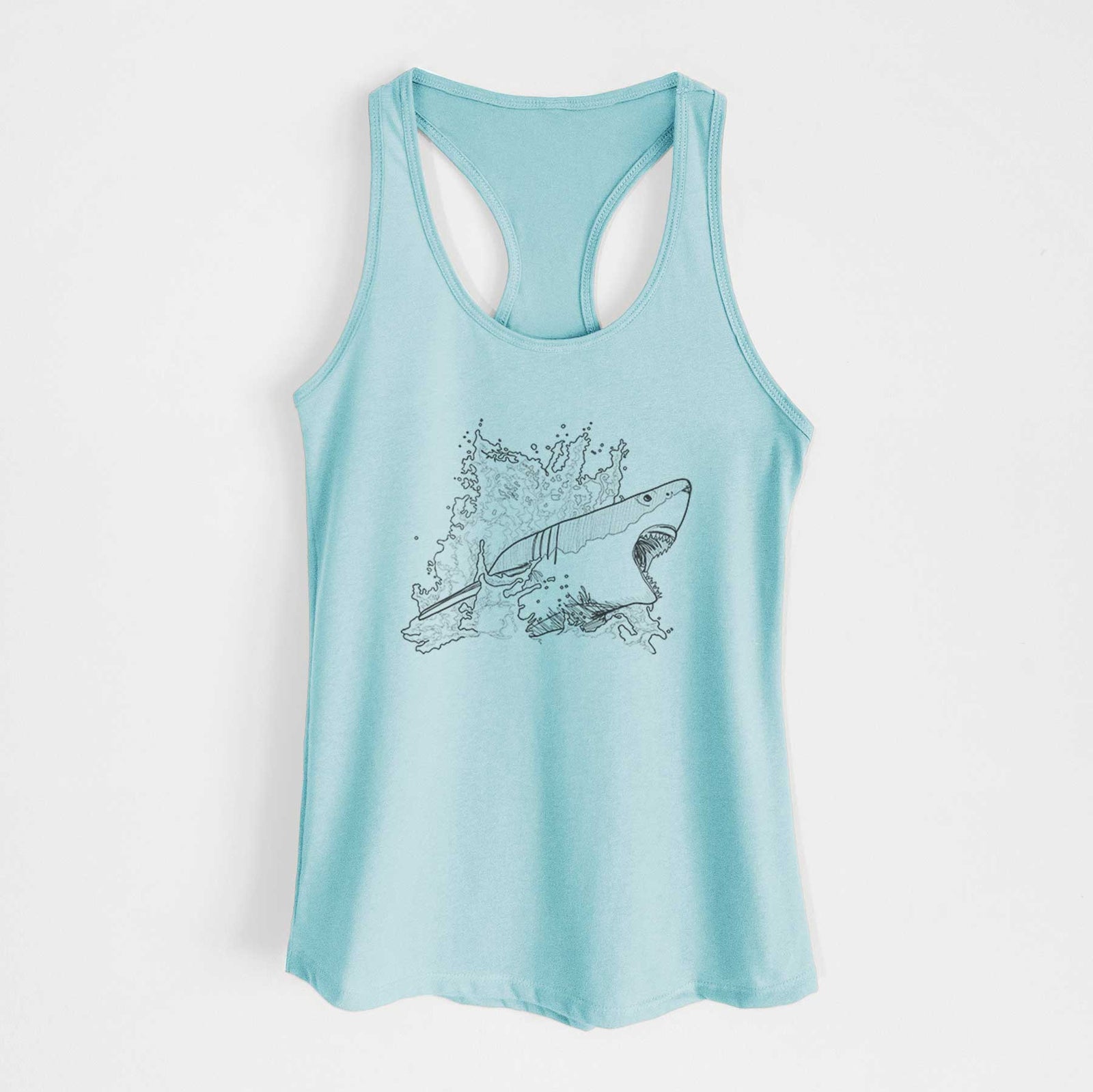 Banana cream women's racerback tank top laid flat, printed with a black ink illustration of a great white shark breaking through a splash of water.