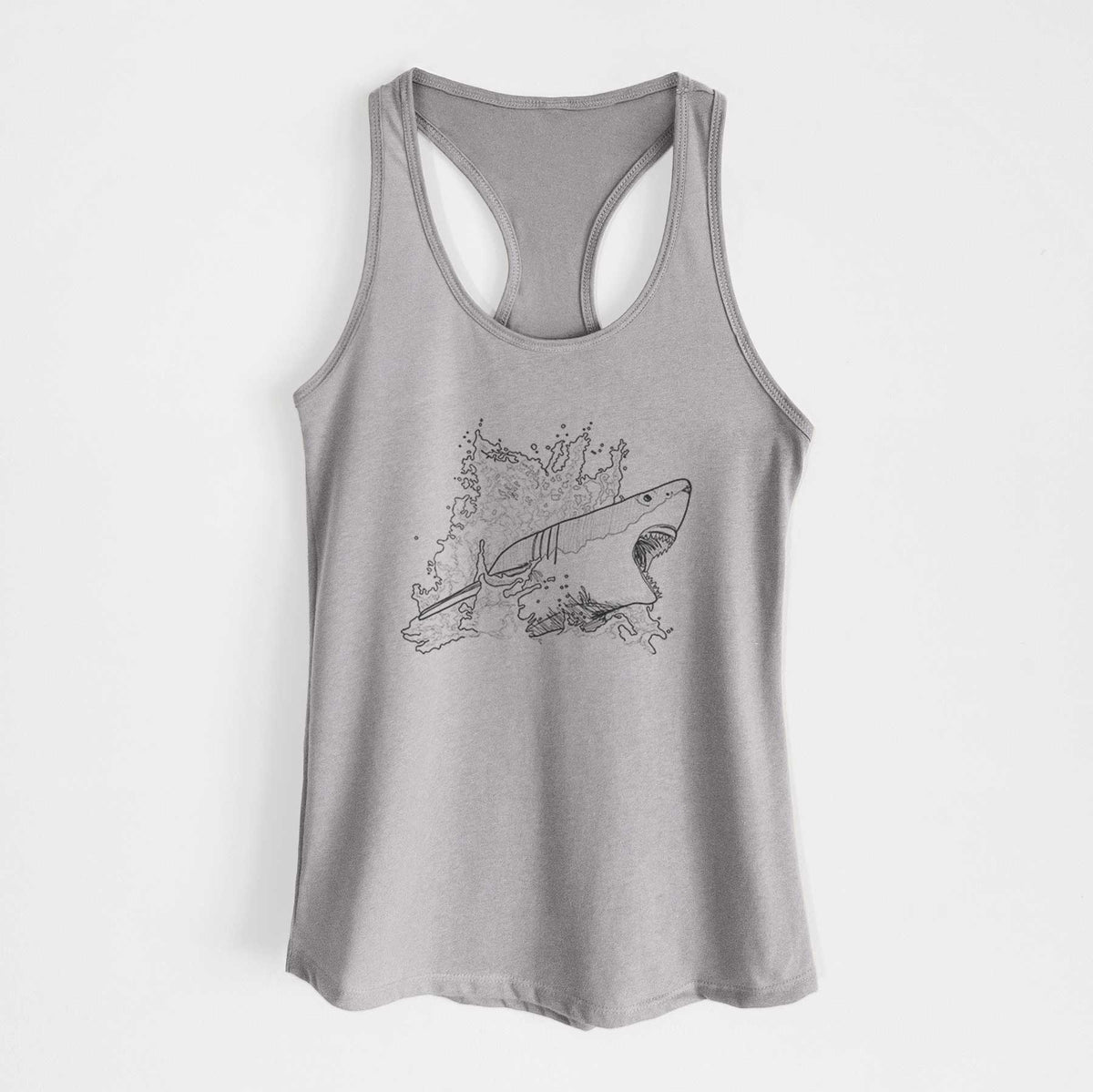 Heather grey women's racerback tank top laid flat, printed with a black ink illustration of a great white shark breaking through a splash of water.