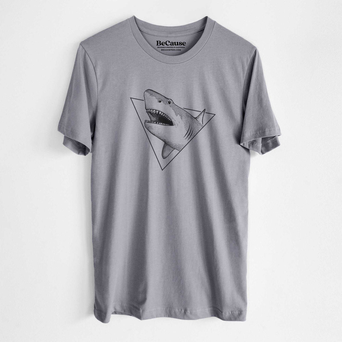 Storm grey lightweight cotton t-shirt laid flat, printed with a black ink great white shark bursting out of a triangle outline with its mouth open.