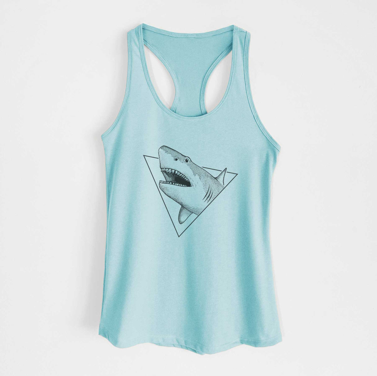 Cancun blue women's racerback tank top laid flat, printed with a black ink great white shark bursting out of a triangle outline with its mouth open.