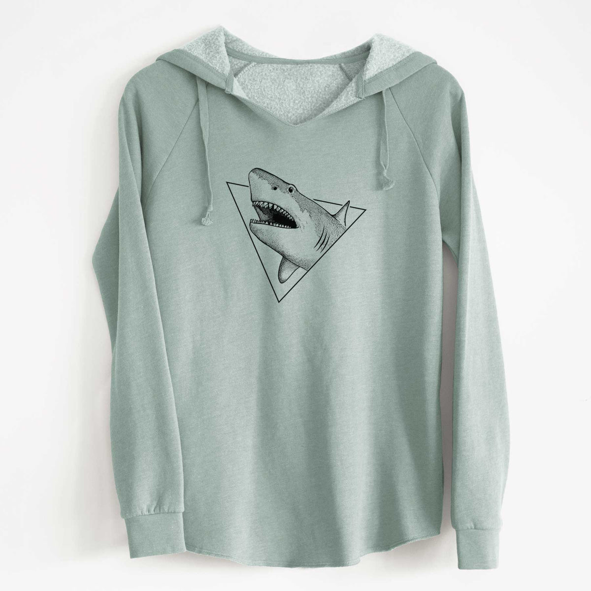 Sage green women's Cali Wave hooded sweatshirt laid flat, printed with a black ink great white shark bursting out of a triangle outline with its mouth open.