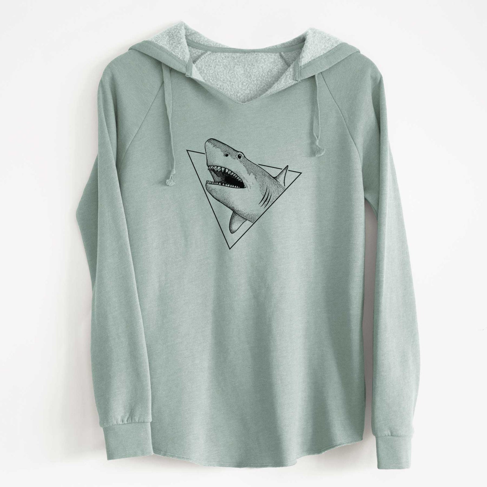 Blush pink women's Cali Wave hooded sweatshirt laid flat, printed with a black ink great white shark bursting out of a triangle outline with its mouth open.