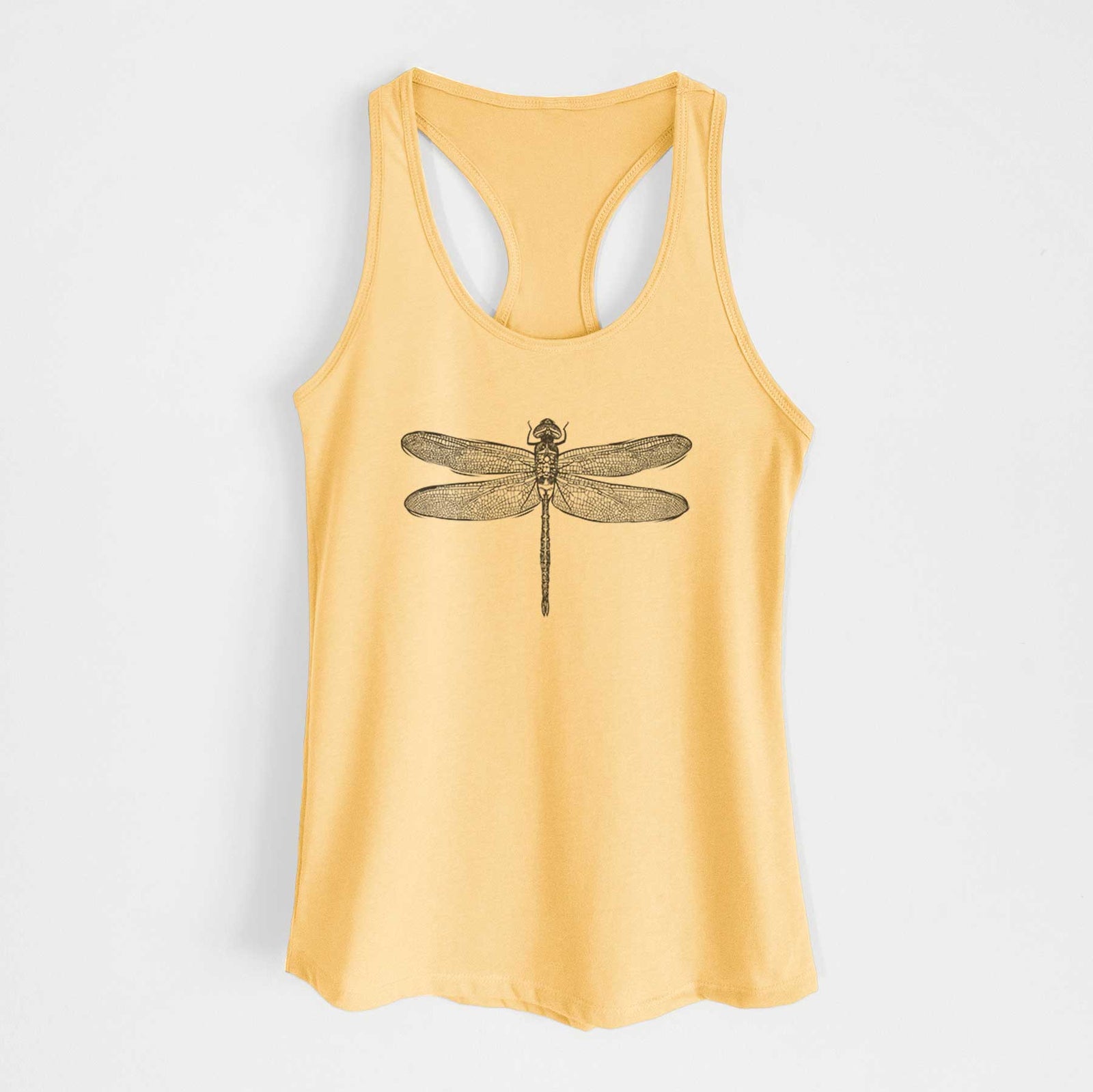 Banana cream women's racerback tank top laid flat, printed with a detailed black ink illustration of a green darner dragonfly with its wings spread, seen from above.