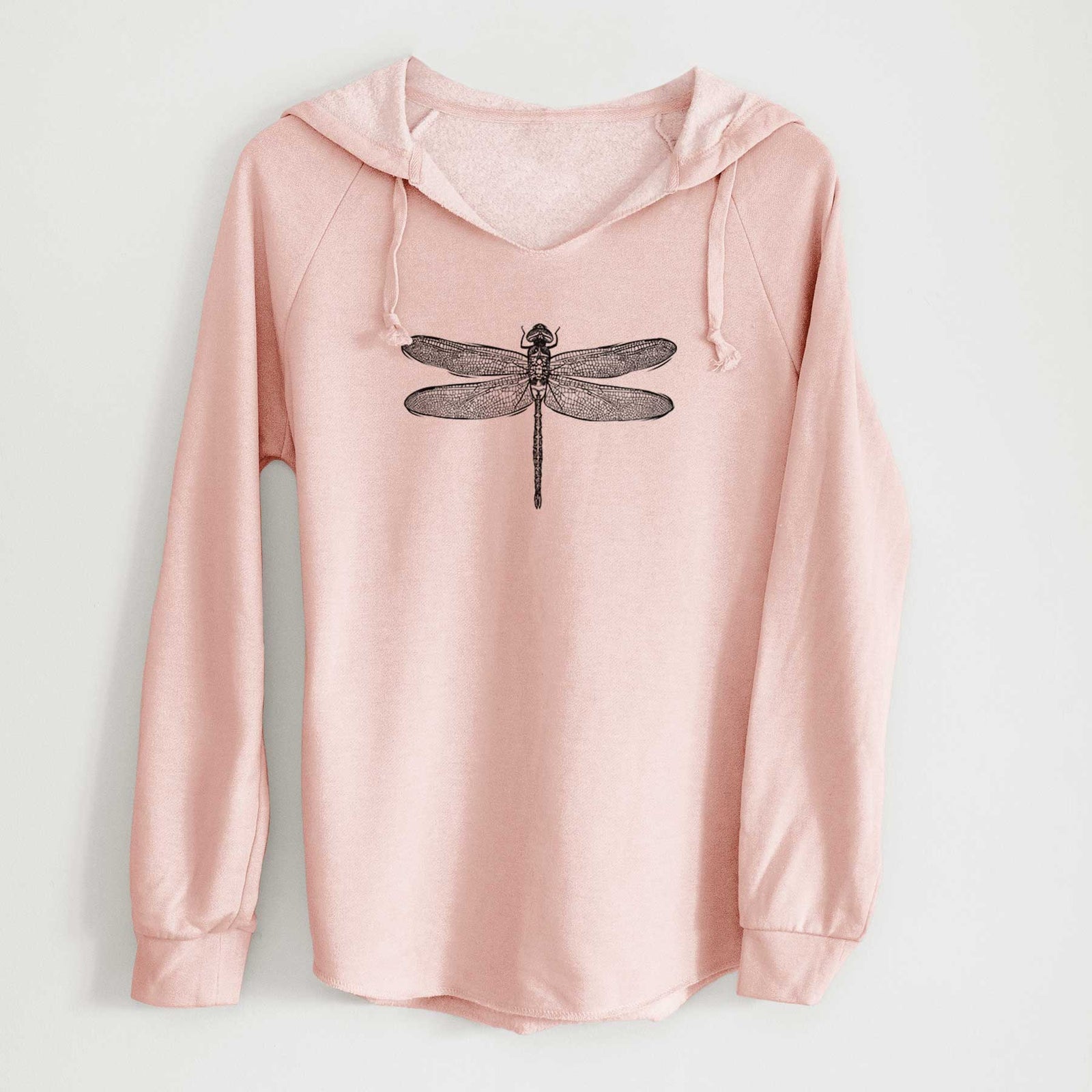 A blue hooded sweatshirt with a printed dragonfly design on the front.