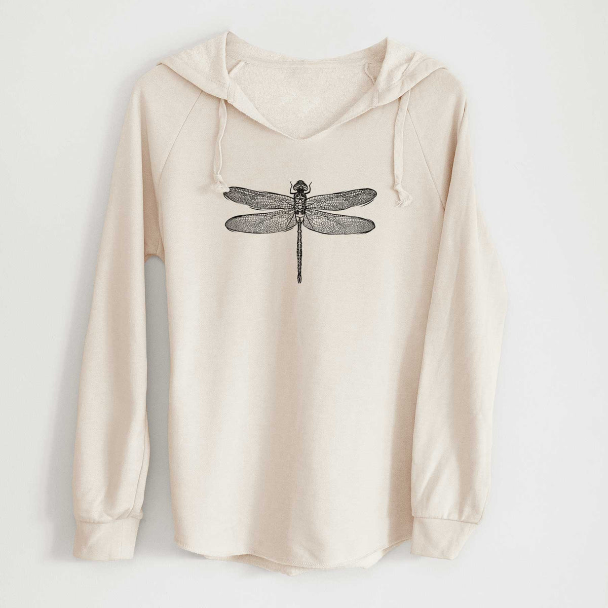 Bone cream women's Cali Wave hooded sweatshirt laid flat, printed with a detailed black ink illustration of a green darner dragonfly with its wings spread, seen from above.