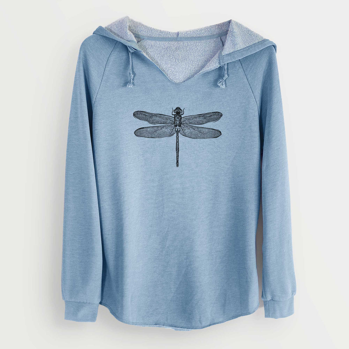 A blue hooded sweatshirt with a printed dragonfly design on the front.