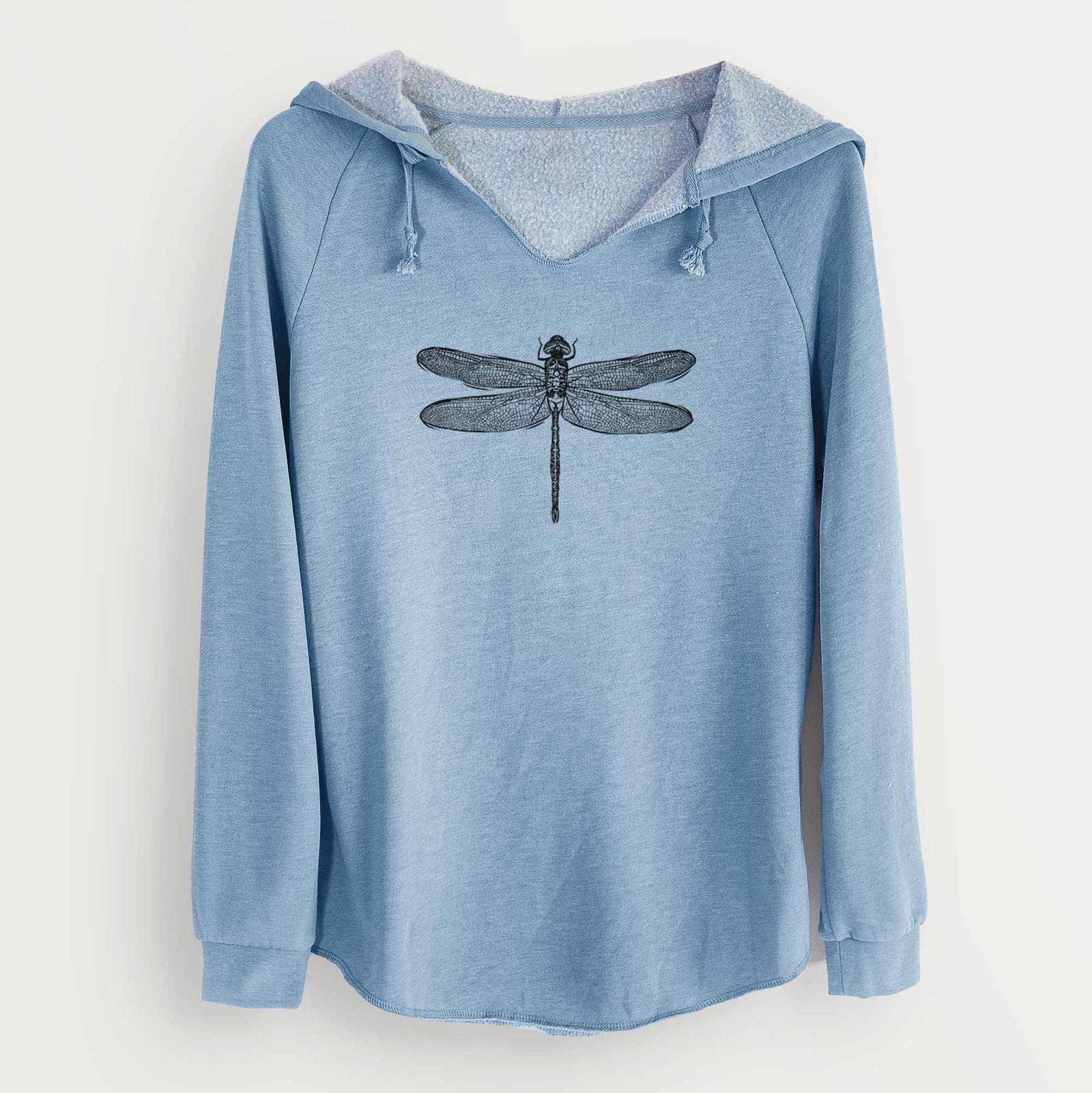 A blue hooded sweatshirt with a printed dragonfly design on the front.