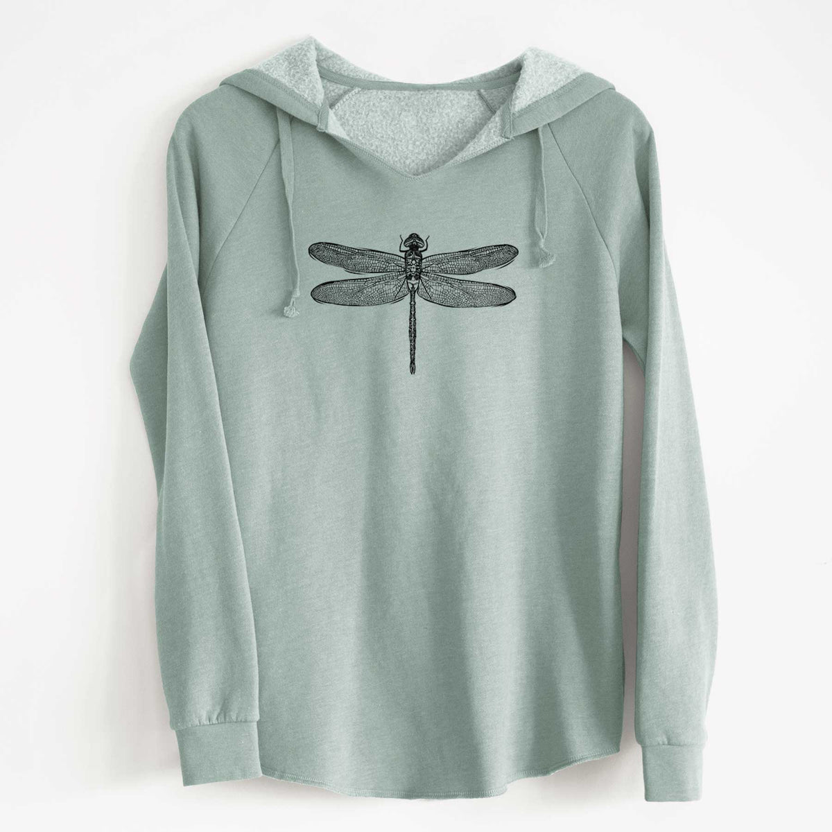 Sage green women's Cali Wave hooded sweatshirt laid flat, printed with a detailed black ink illustration of a green darner dragonfly with its wings spread, seen from above.