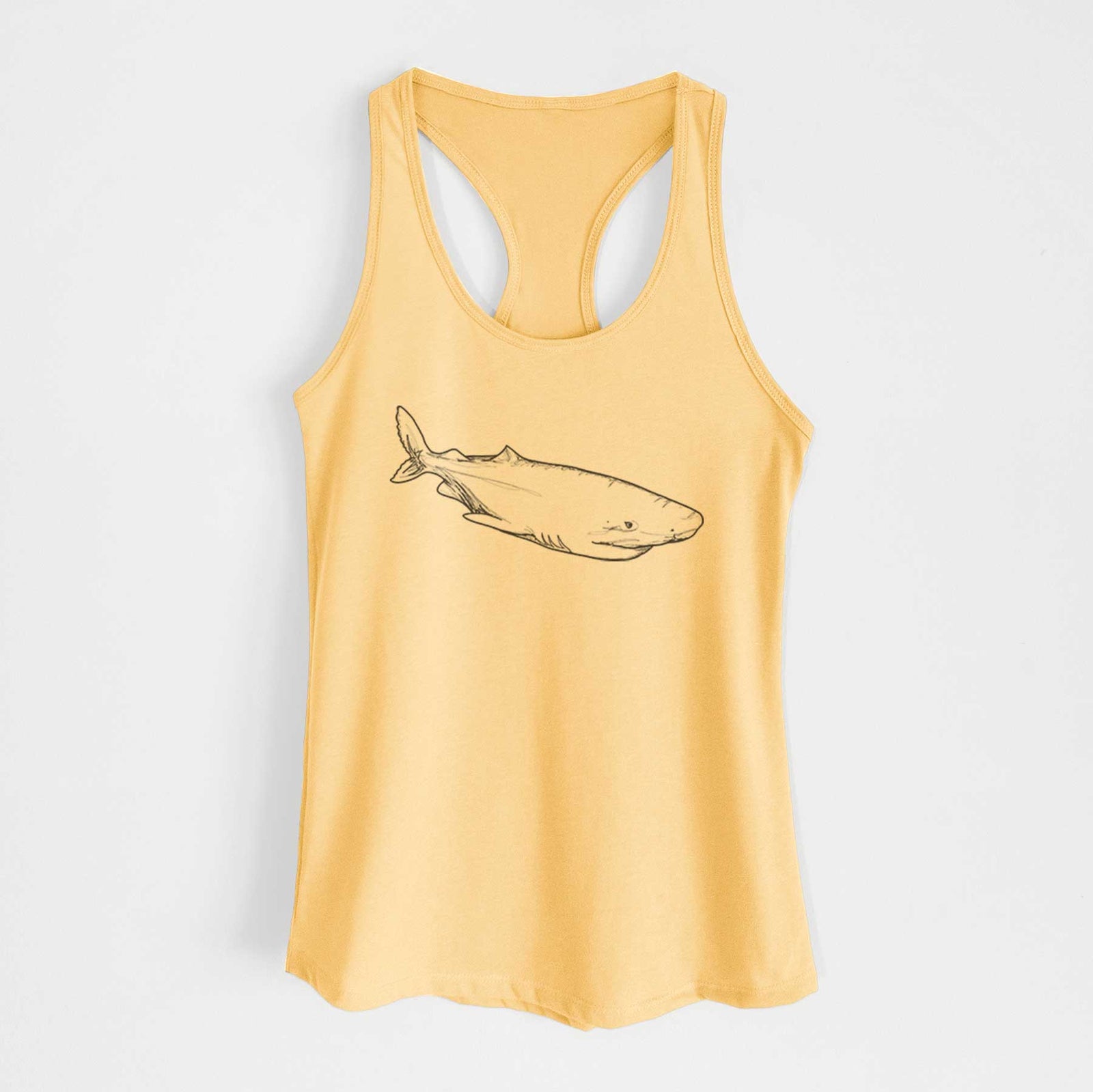 Banana cream women's racerback tank top laid flat, printed with a black ink illustration of a Greenland shark swimming.