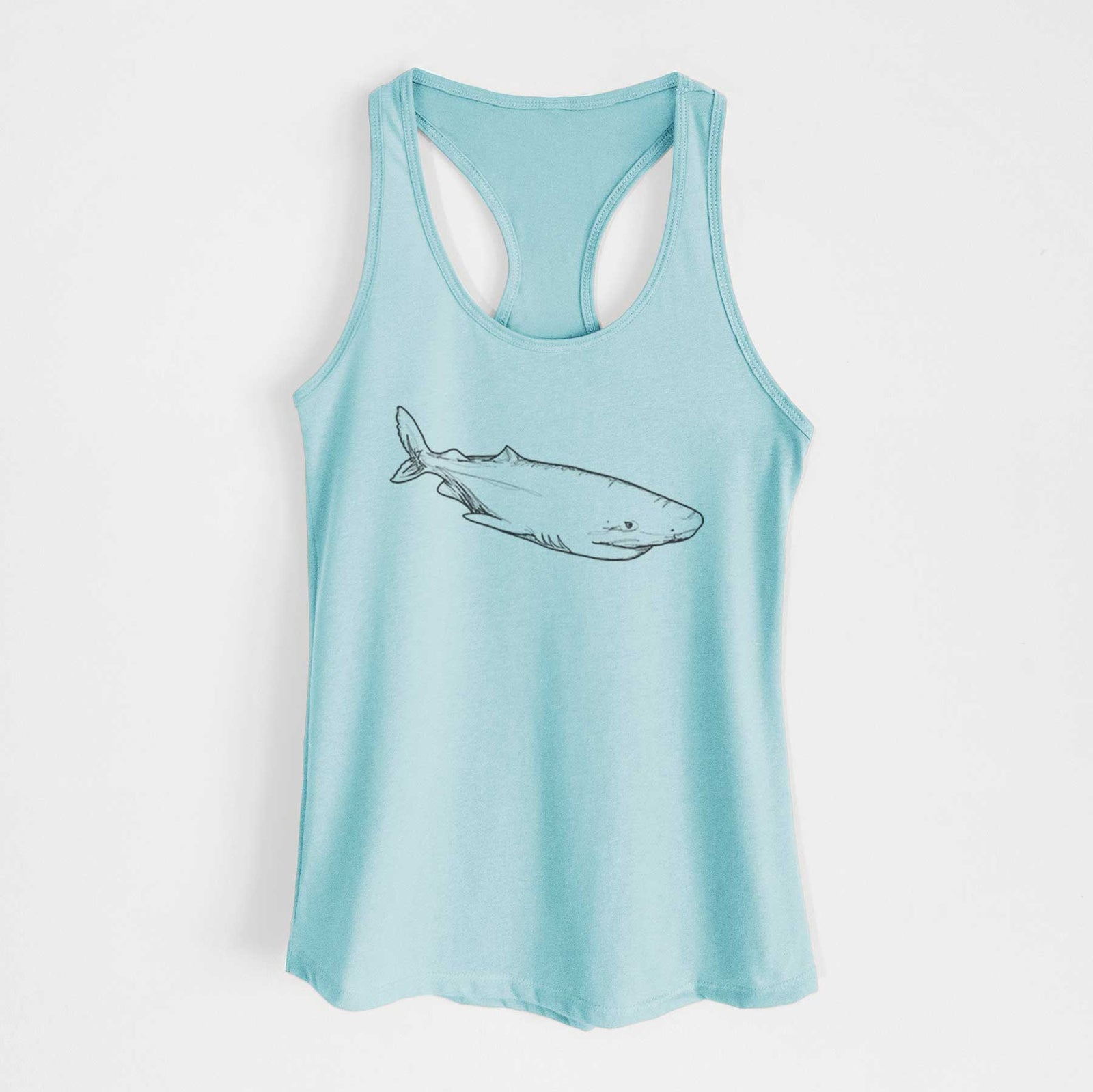 Banana cream women's racerback tank top laid flat, printed with a black ink illustration of a Greenland shark swimming.