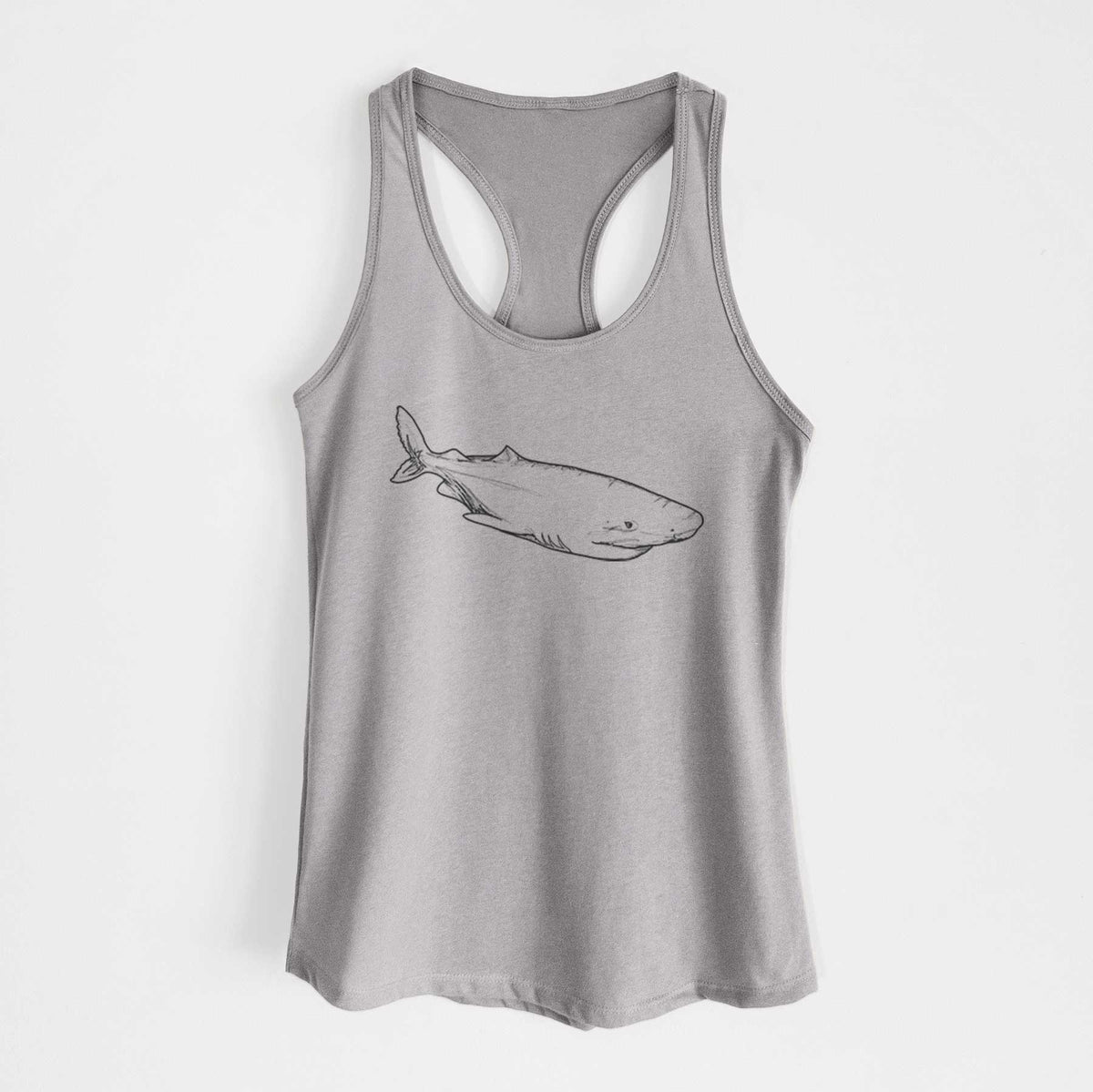 Heather grey women's racerback tank top laid flat, printed with a black ink illustration of a Greenland shark swimming.