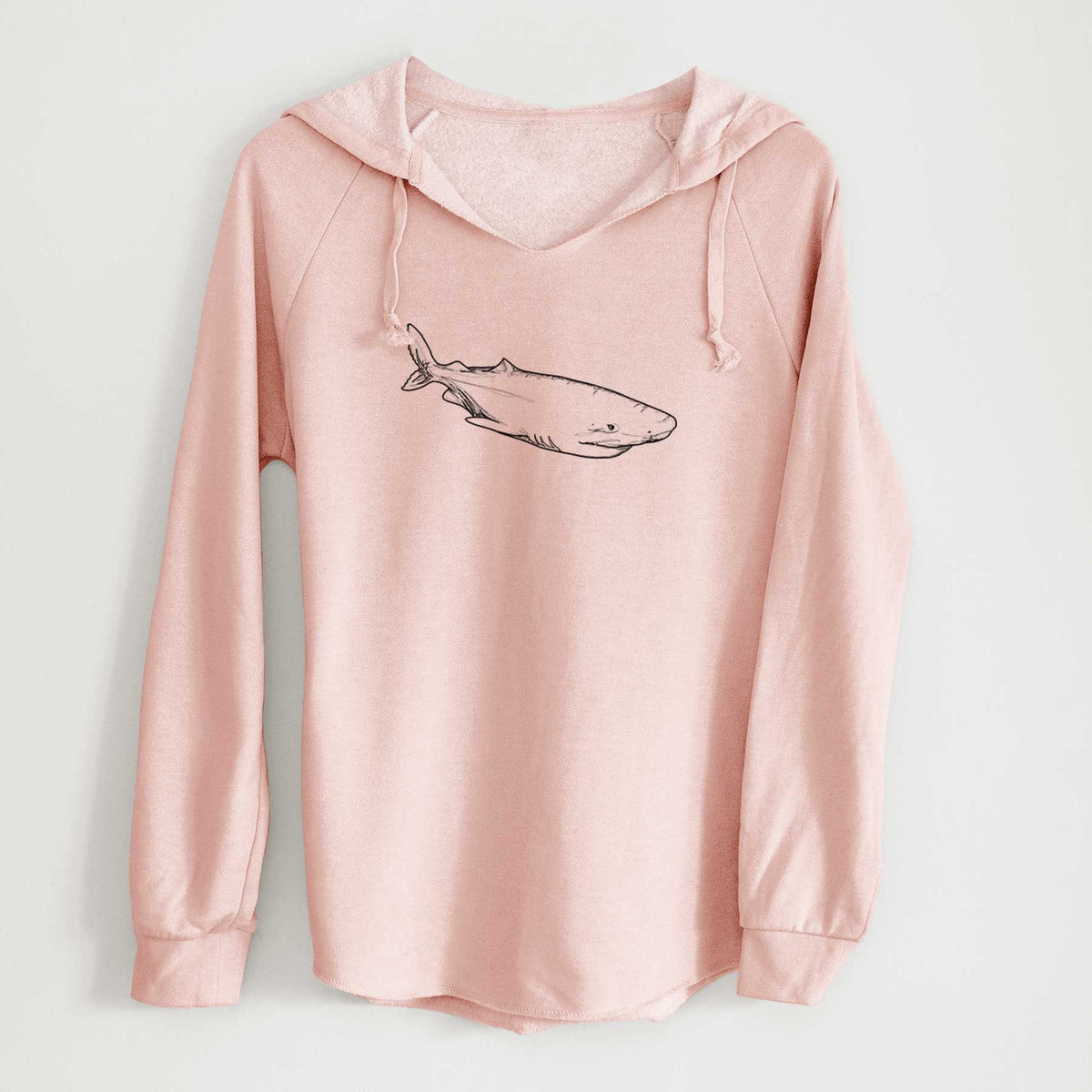 Blush pink women's Cali Wave hooded sweatshirt laid flat, printed with a black ink illustration of a Greenland shark swimming.