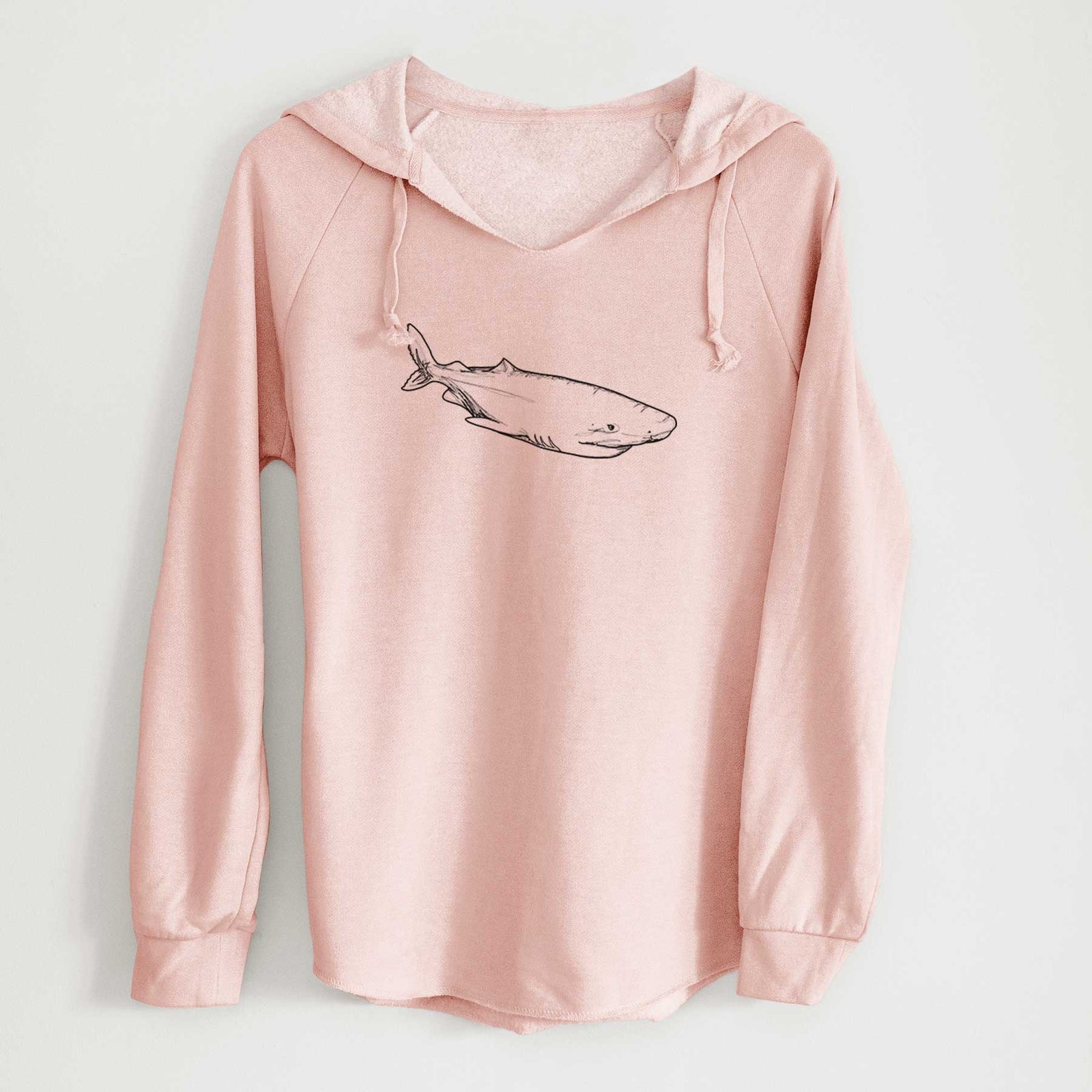 Sage green women's Cali Wave hooded sweatshirt laid flat, printed with a black ink illustration of a Greenland shark swimming.
