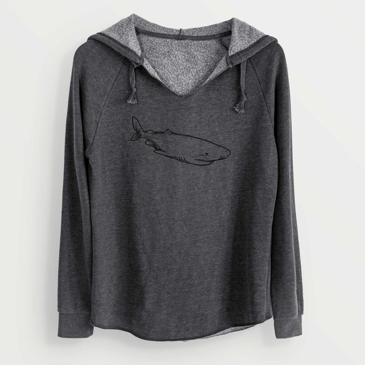 Charcoal grey women's Cali Wave hooded sweatshirt laid flat, printed with a black ink illustration of a Greenland shark swimming.