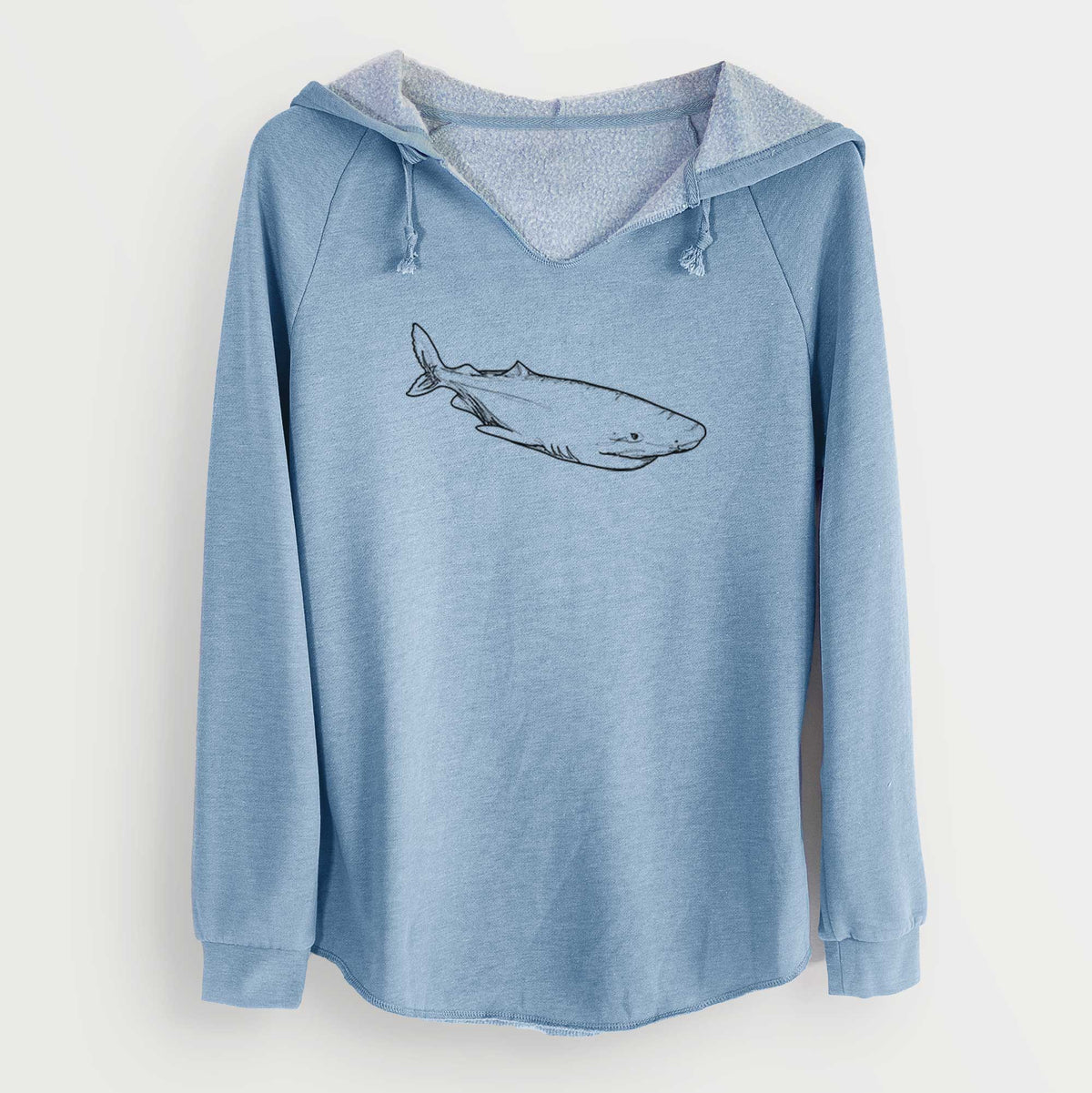 Misty blue women's Cali Wave hooded sweatshirt laid flat, printed with a black ink illustration of a Greenland shark swimming.