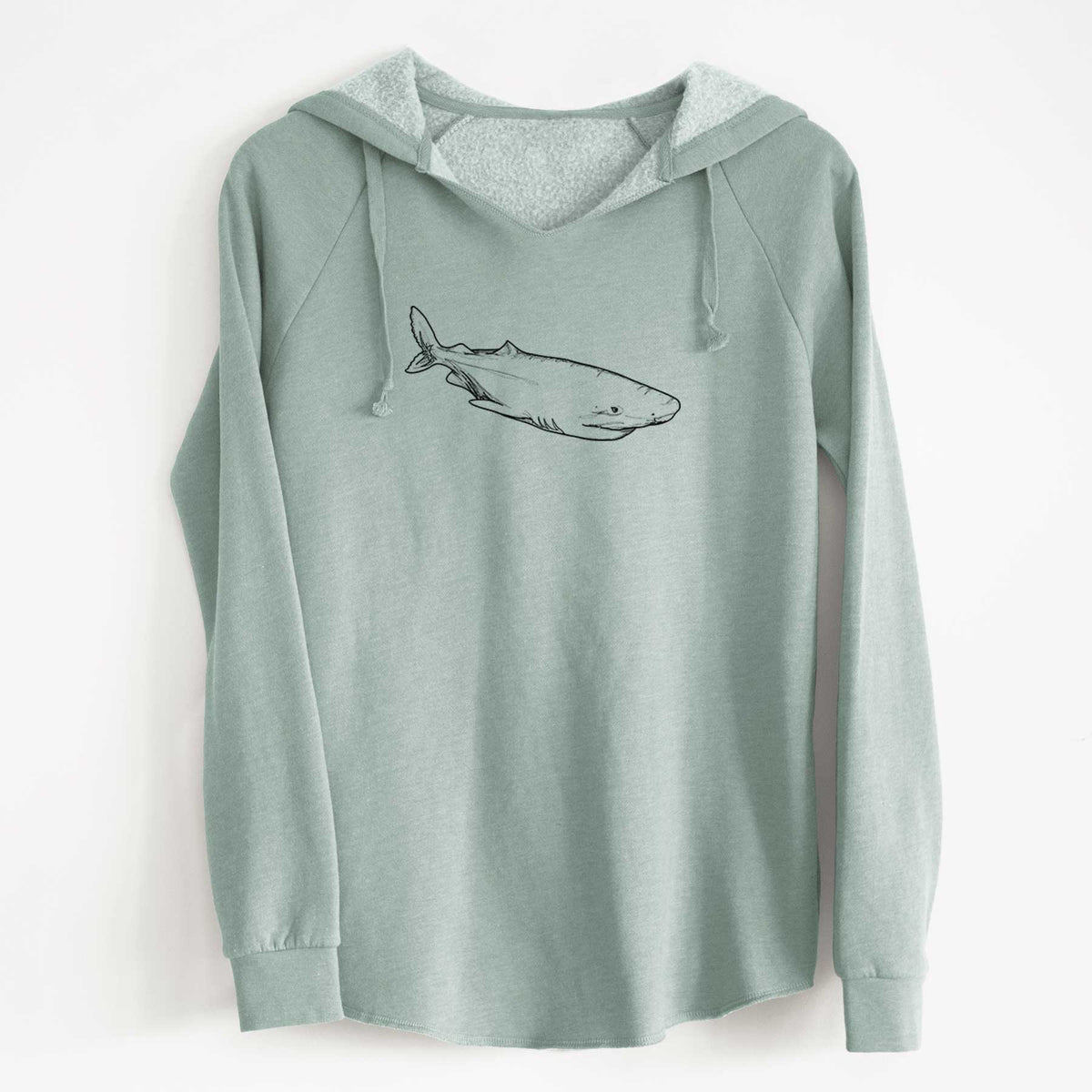 Sage green women's Cali Wave hooded sweatshirt laid flat, printed with a black ink illustration of a Greenland shark swimming.